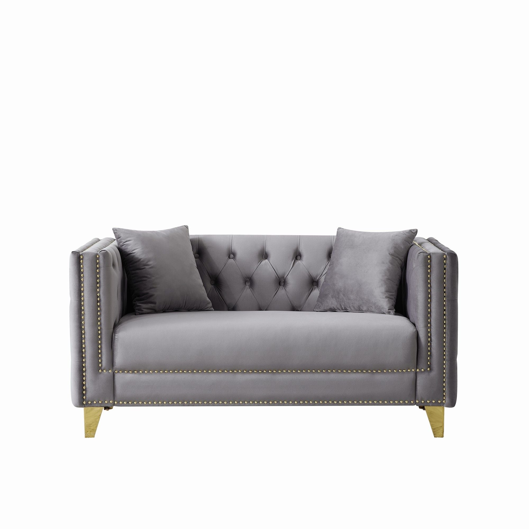 3 And 2 Seater Deep Seat Sofa With Button Nailhead, Square Arm Couches, Furniture For Living Room - Gray