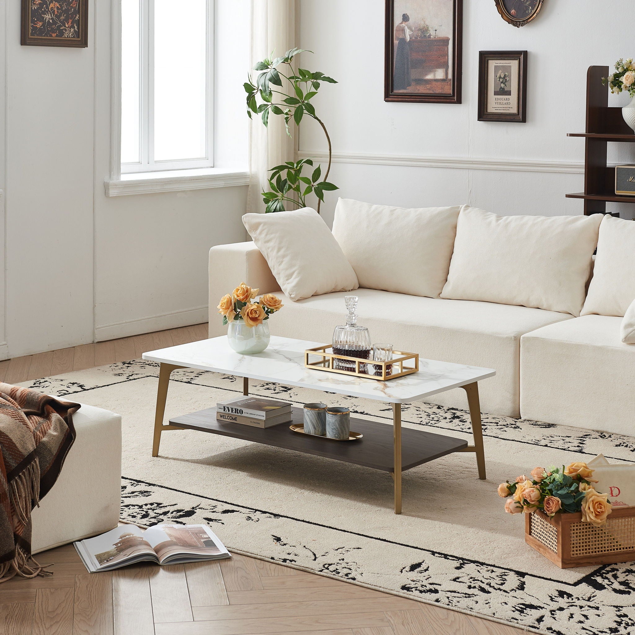 Coffee Table Rectangular Center Table For Living Room Open Space Side Table With Metal Frame - Golden / White