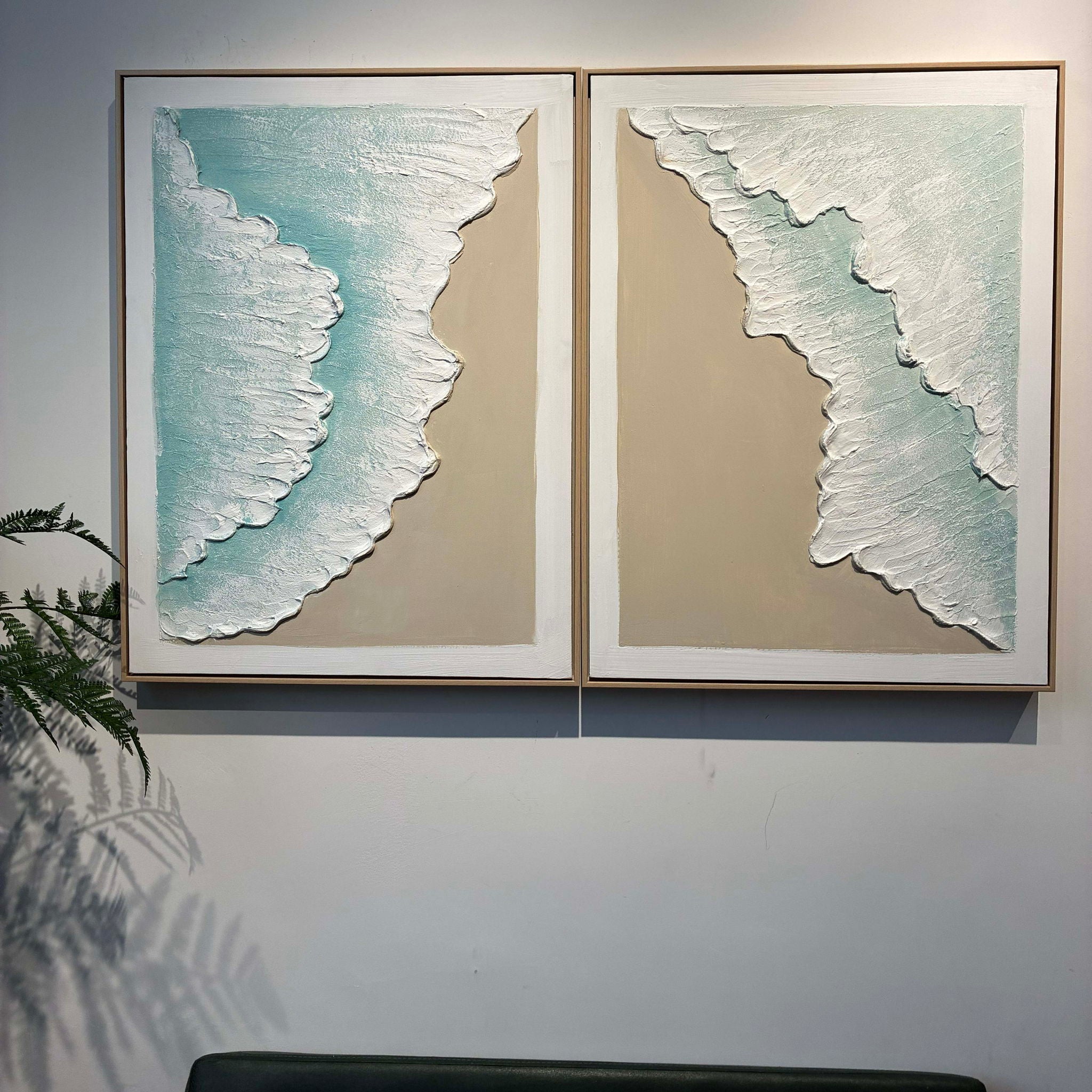 Framed Ocean Wave Wall Art, Textured Canvas Painting, Beach Decor For Living Room (Set of 2) - Aqua Blue