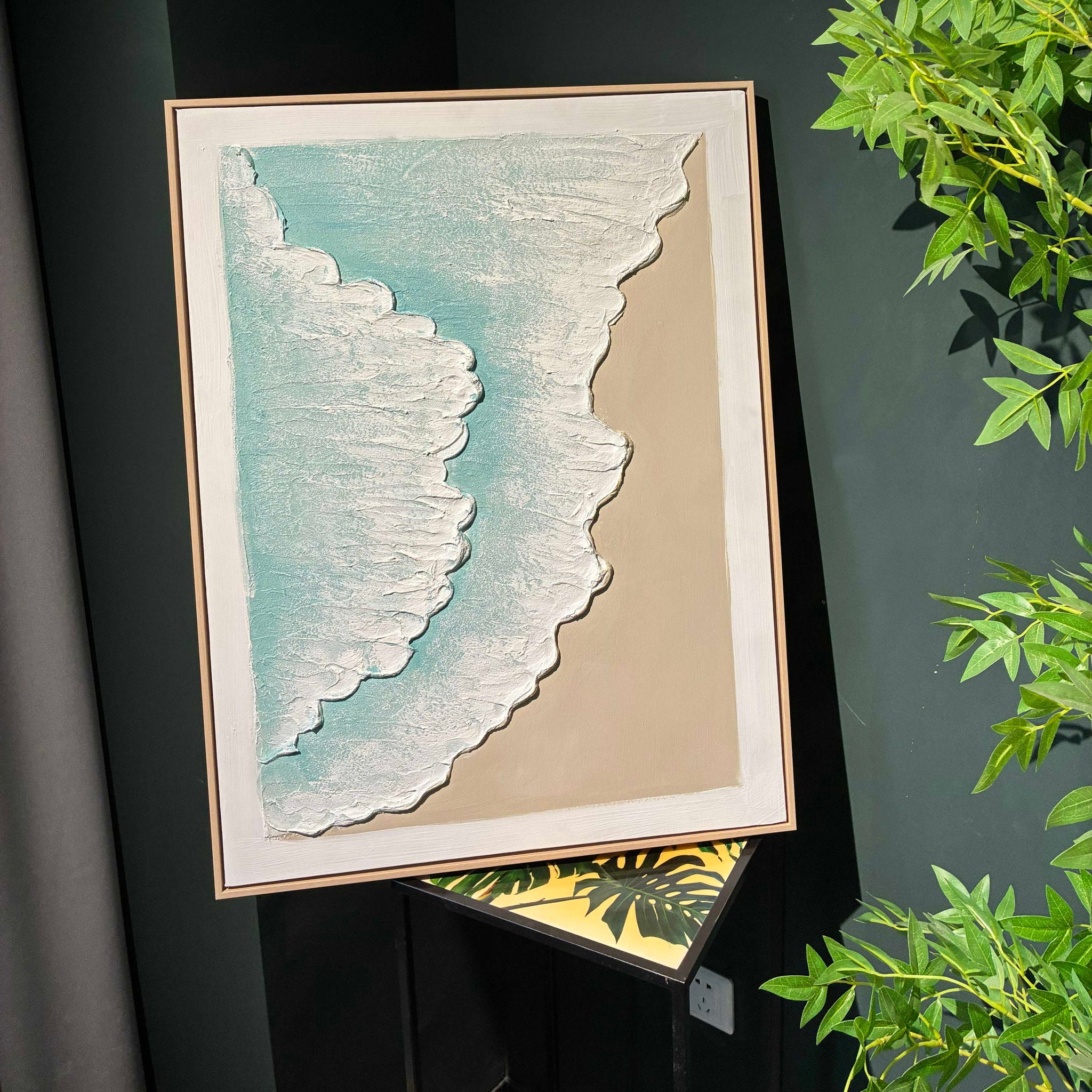 Framed Ocean Wave Wall Art, Textured Canvas Painting, Beach Decor For Living Room (Set of 2) - Aqua Blue