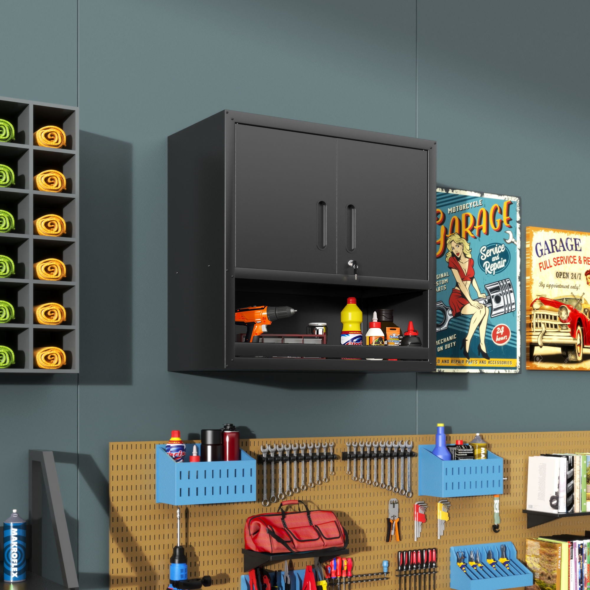Wall-Mounted Storage Cabinet With Locking Door, 1 Shelf And Open Drawer - Black