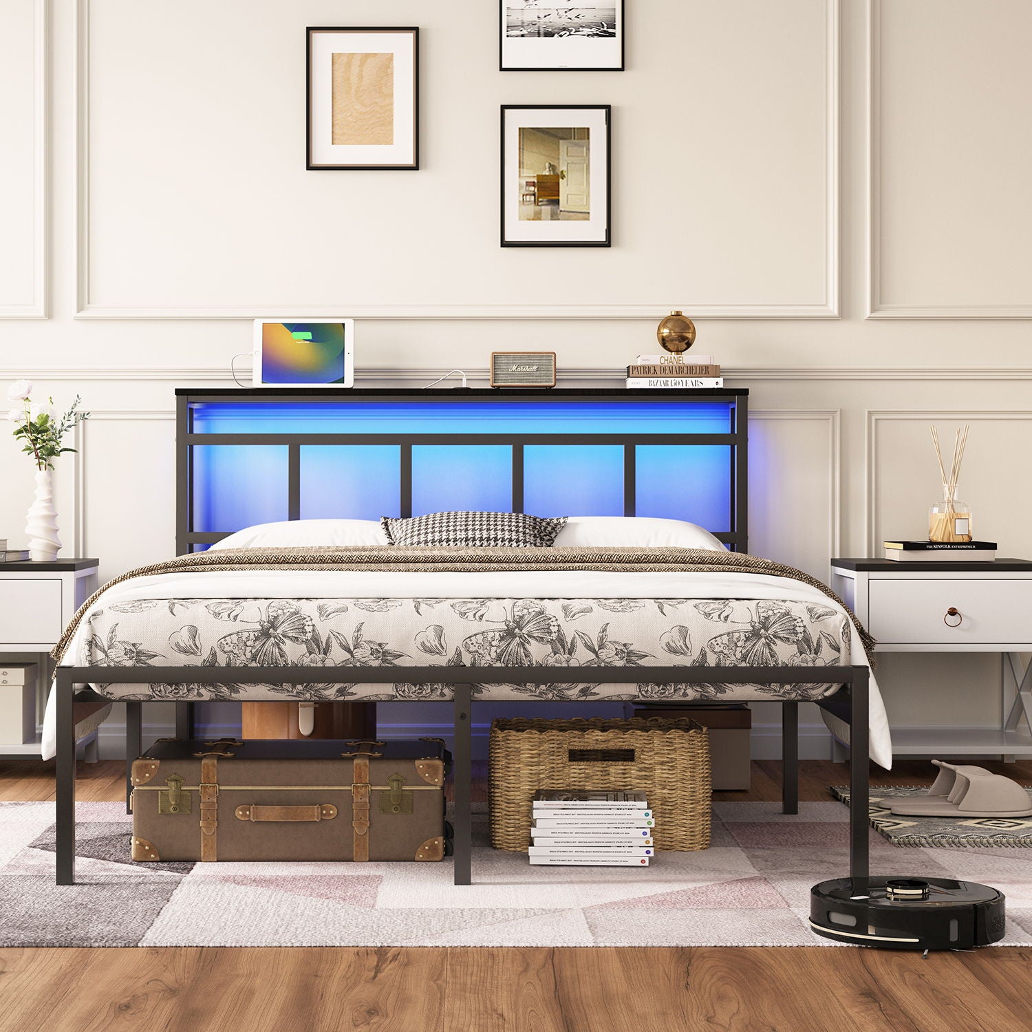 Bed Frame With Storage Headboard With USB C, Type C And LED Light