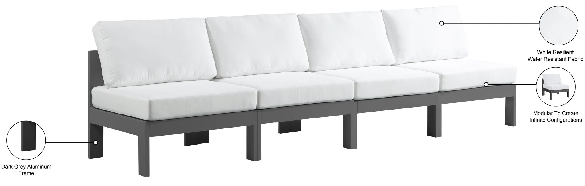 Nizuc - Outdoor Patio 4 Seat Armless Modular Sofa With Gray Frame