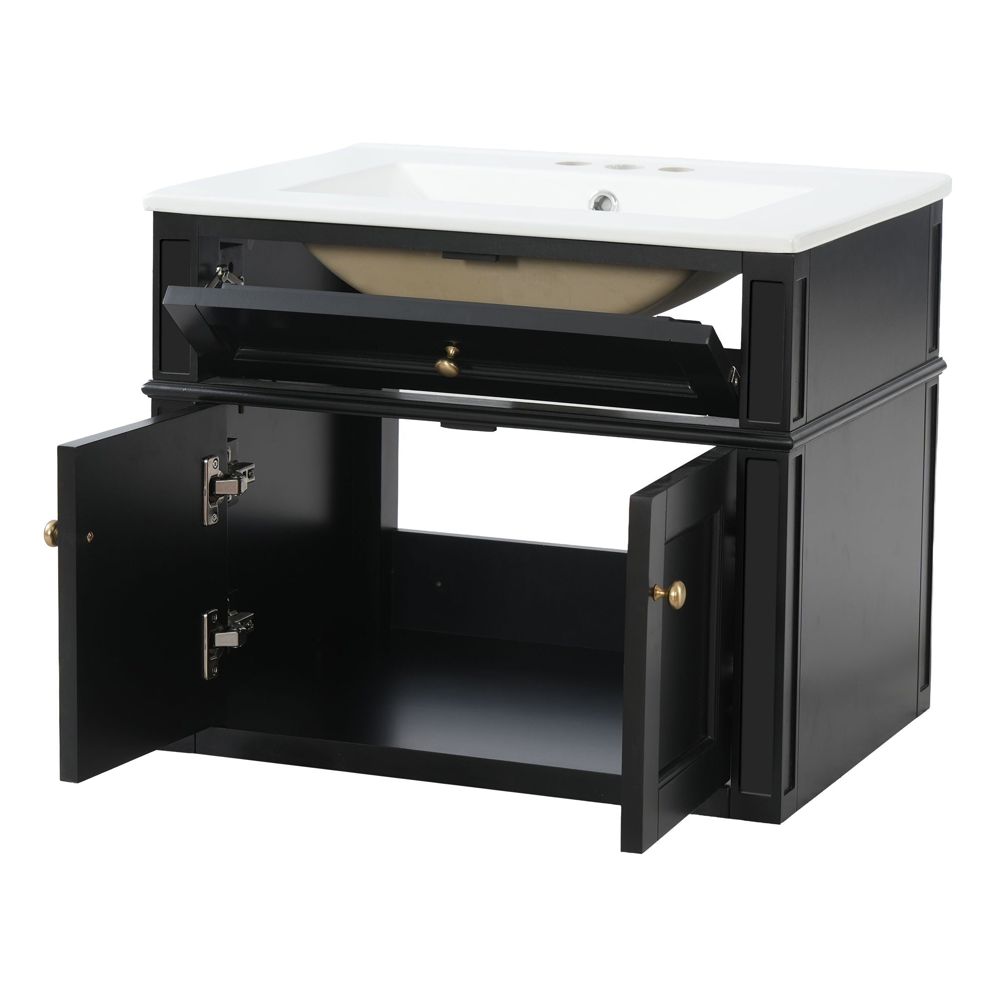Wall Mounted Bathroom Vanity With Tip Out Drawer And Open Back Design