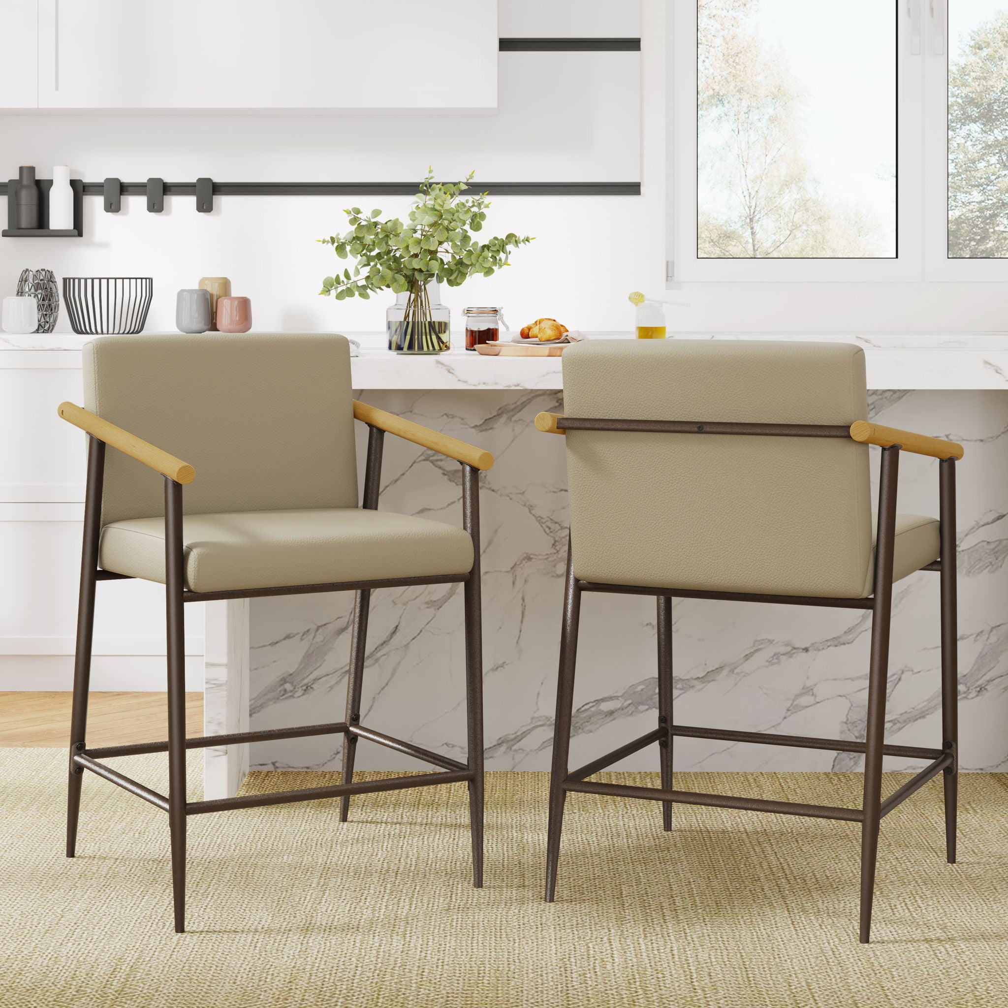 Counter Stool Set With Espresso Metal Frame - Khaki