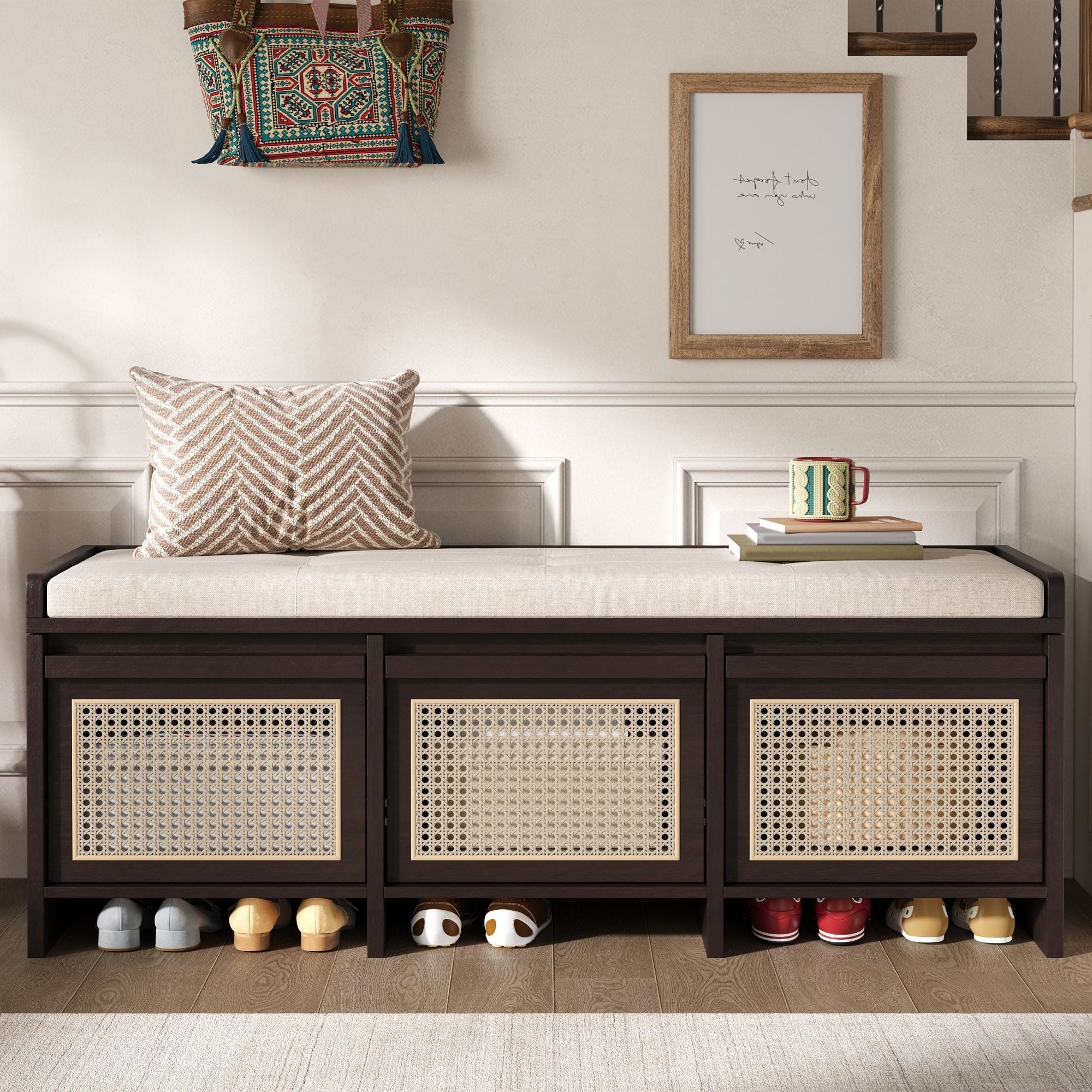 Entryway Shoe Bench With Drawers & Button Tufted Cushion