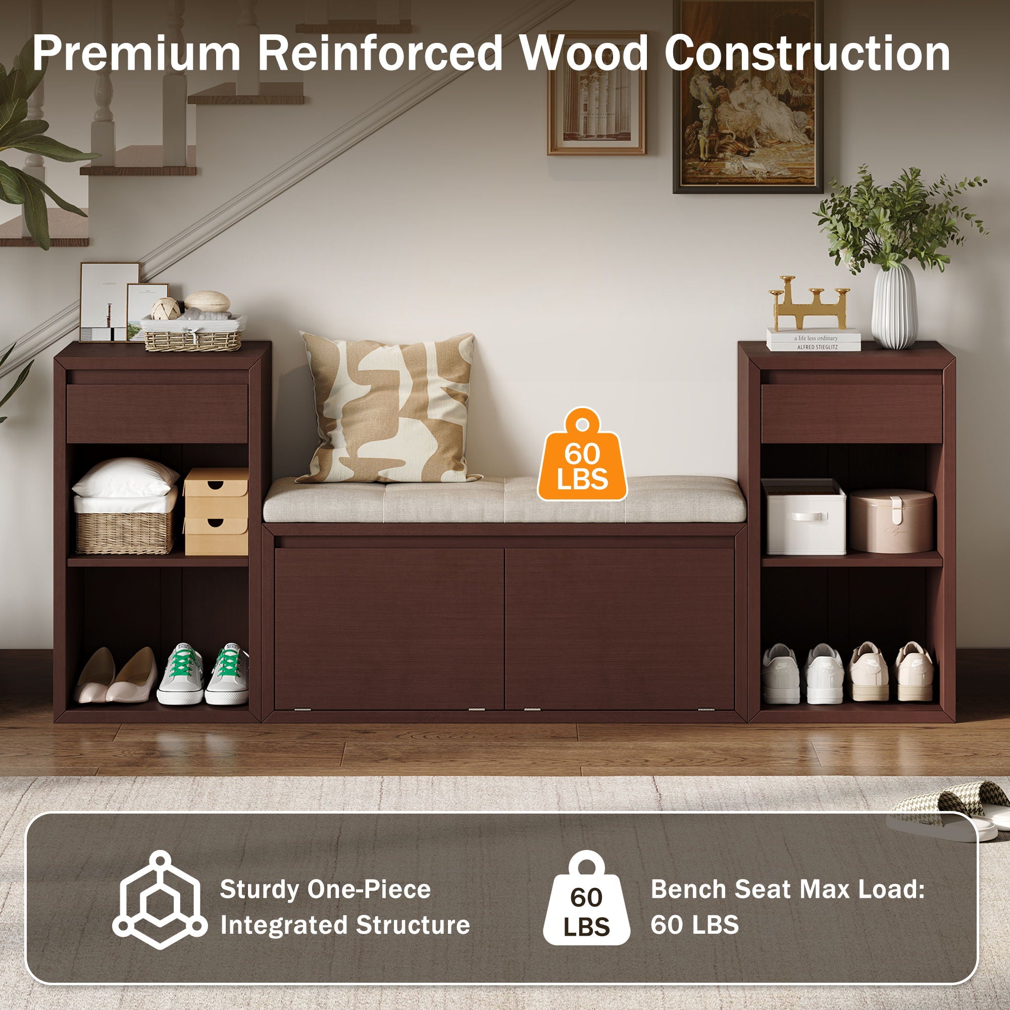 Entryway Storage Bench With Cushion, Drawers & Open Shelves