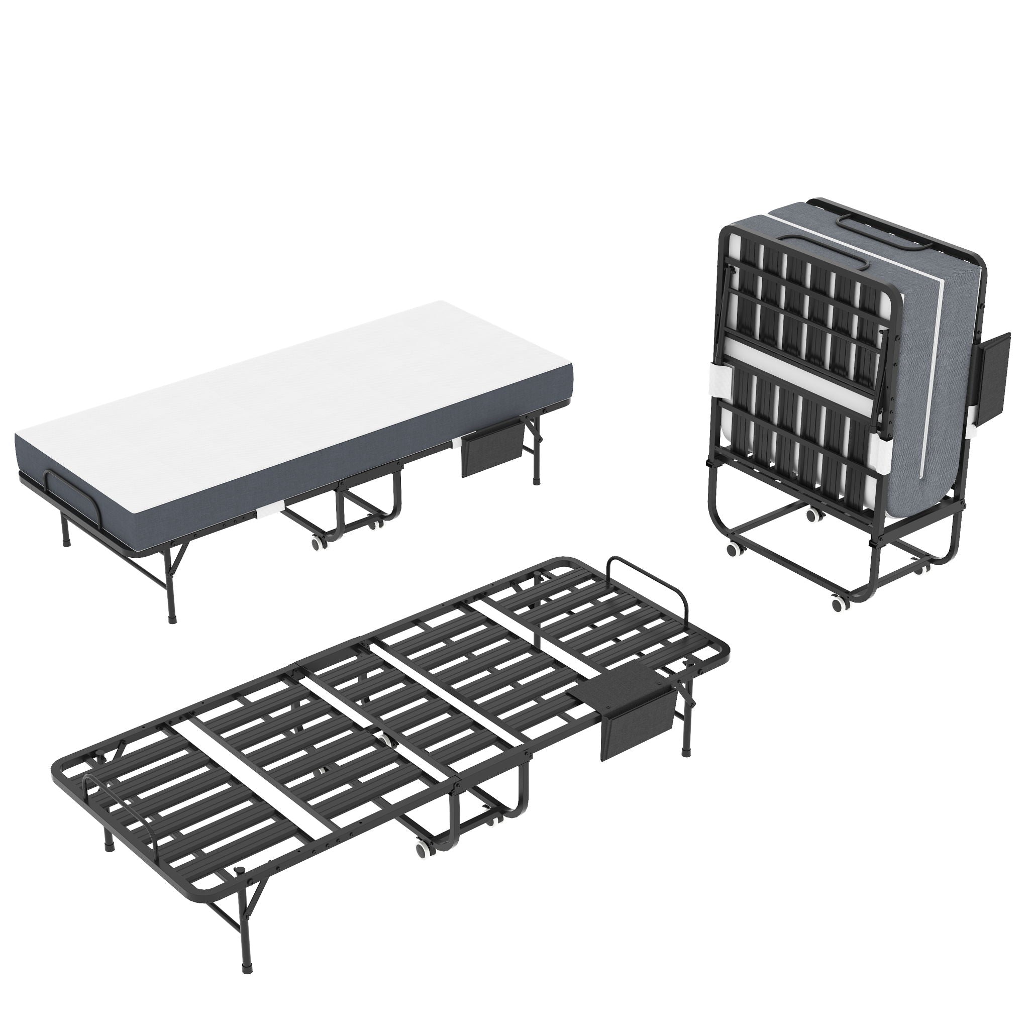 Twin Folding Bed With Memory Foam Mattress, Space Saving Rollaway Guest, On Wheels, Portable For Adults & Guests - Black