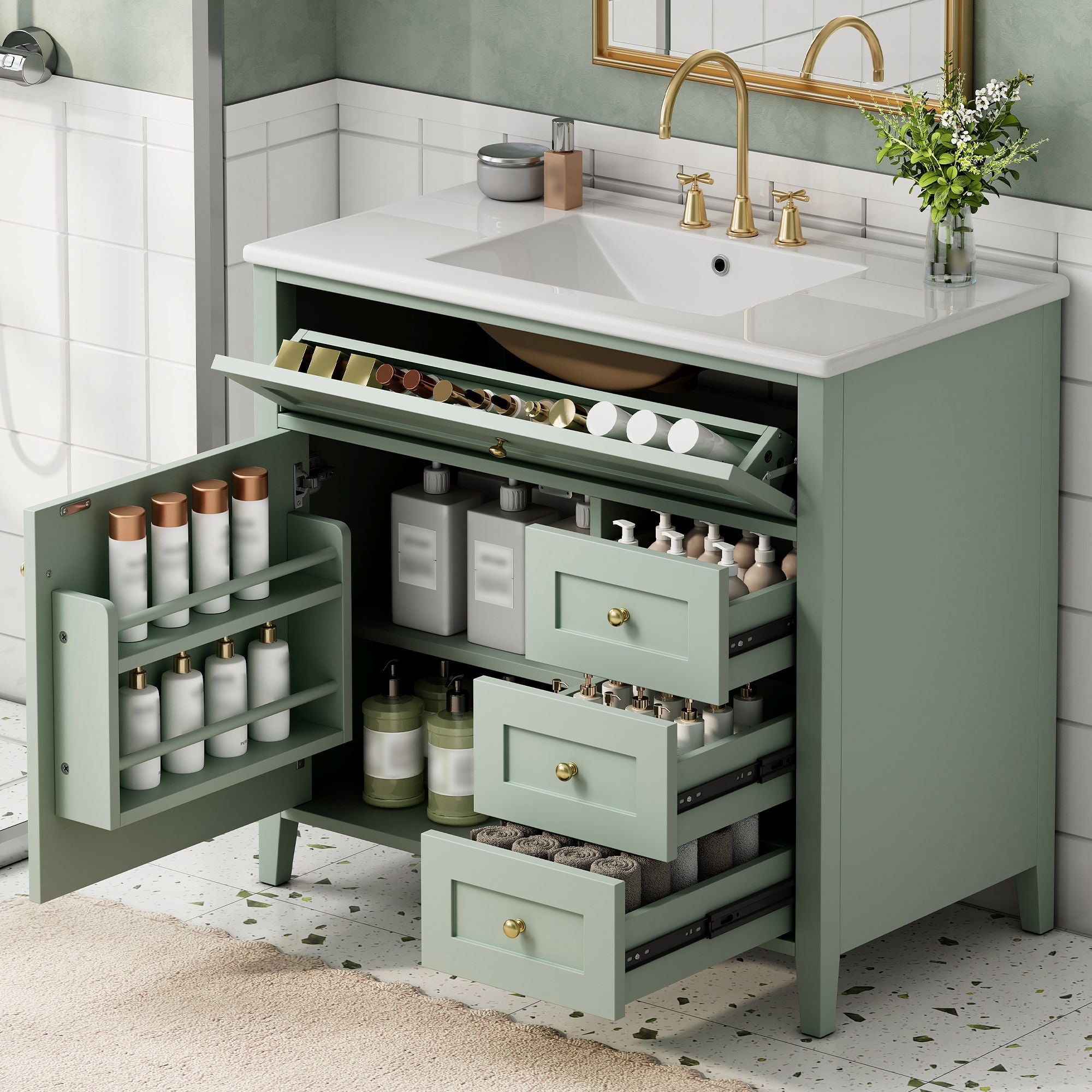 Bathroom Vanity With Sink, Cabinet With 3 Drawers And Adjustable Shelf