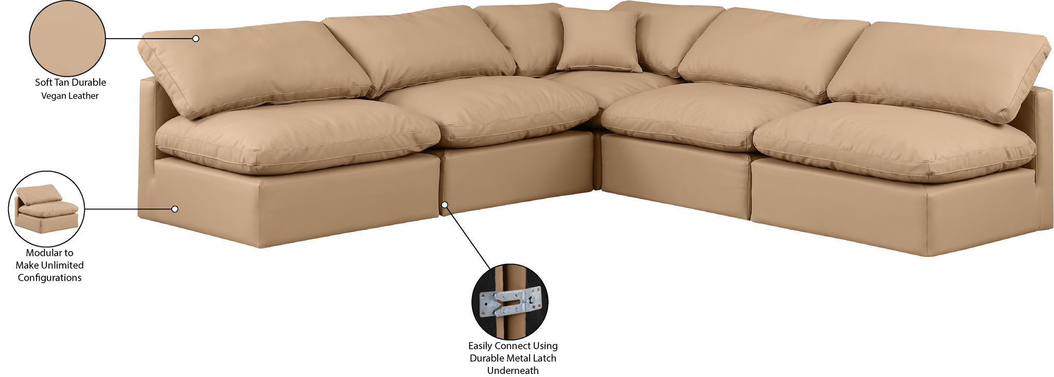 Indulge - Faux Leather 5 Piece Modular Corner Armless Sectional - Tan