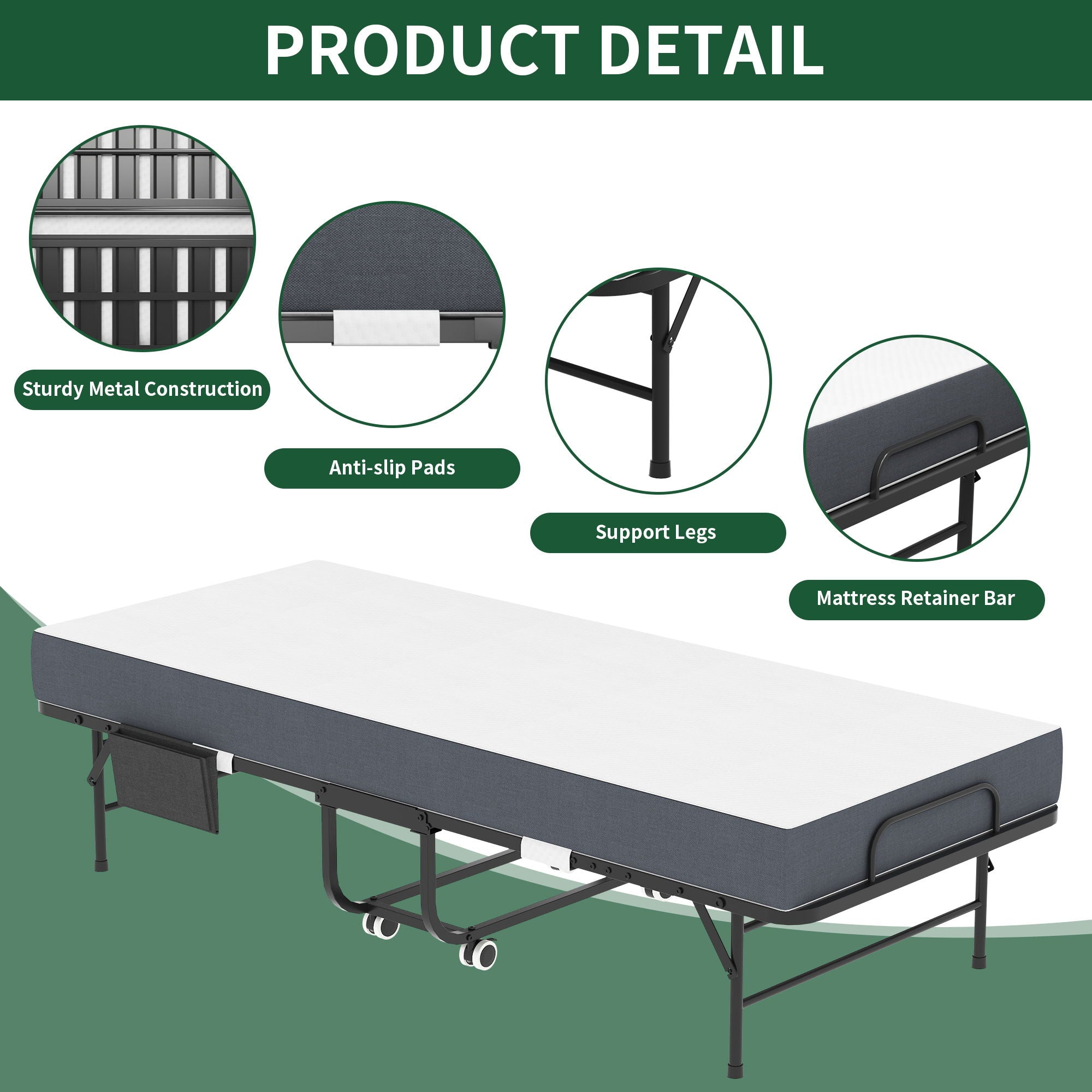 Twin Folding Bed With Memory Foam Mattress, On Wheels, Portable Bed For Adults & Guests - Black