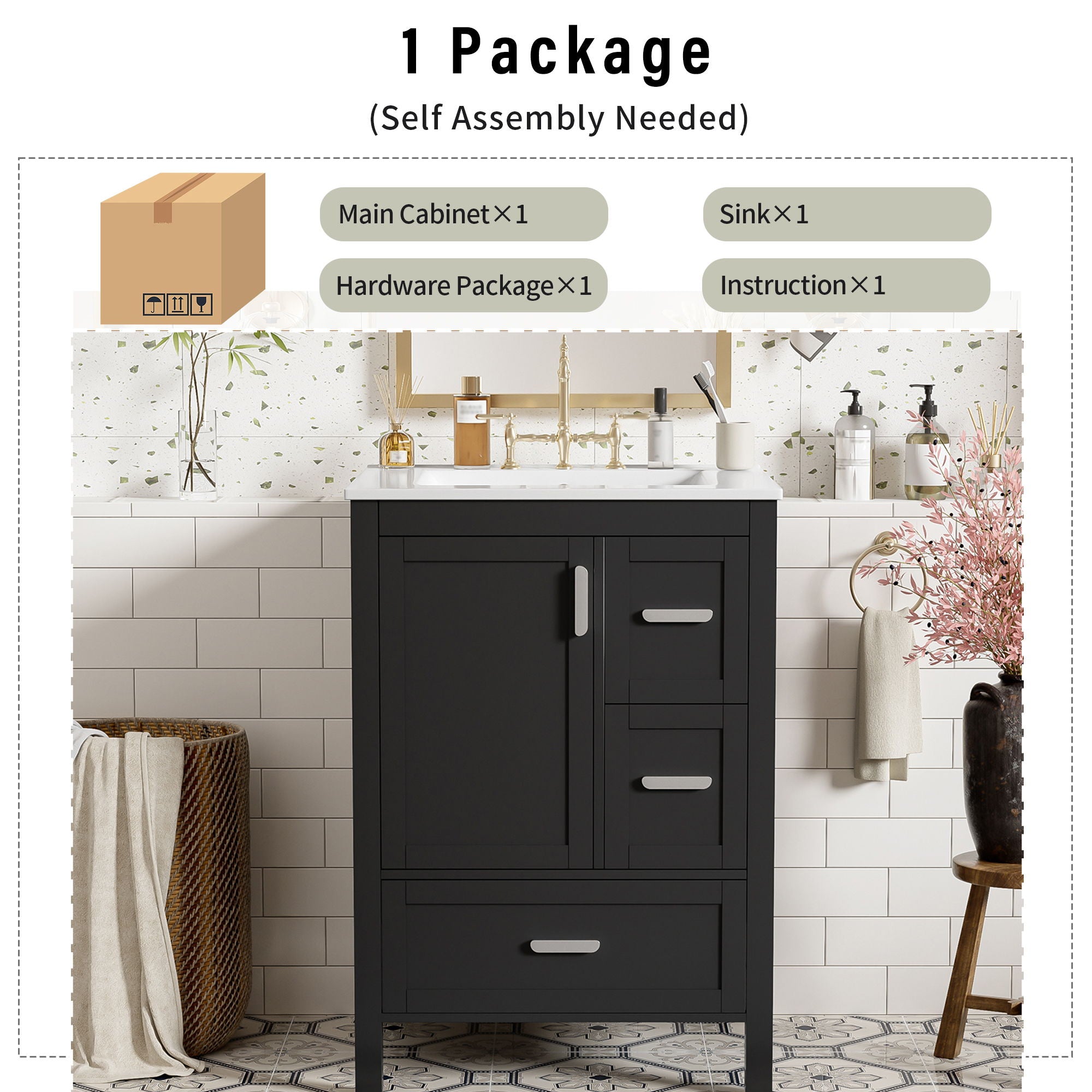 Bathroom Vanity With Sink, Soft-Close Doors, Double-Layer Shelf And 3 Drawers