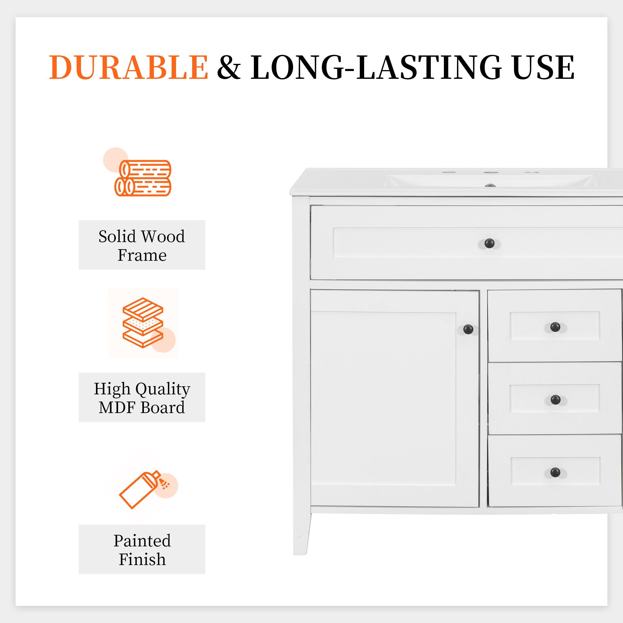 Bathroom Vanity With Sink, Cabinet With 3 Drawers And Adjustable Shelf