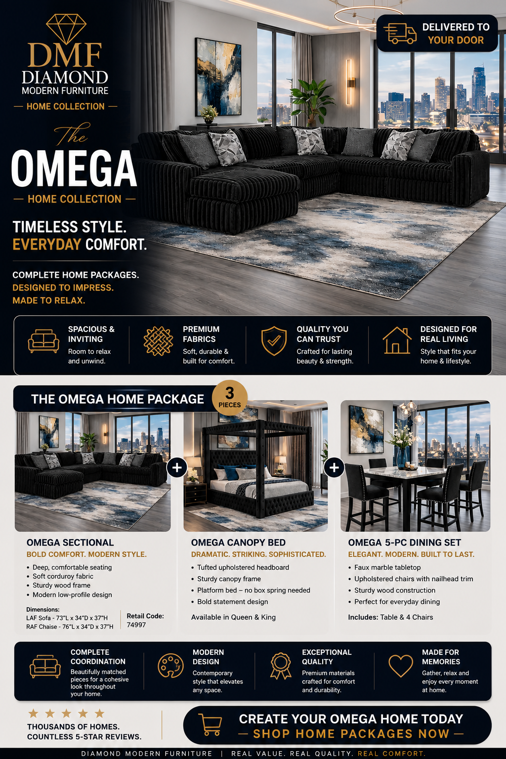 Omega Corduroy 3 room package deal including Sectional Sofa, 5 PCS dining set and bed frame