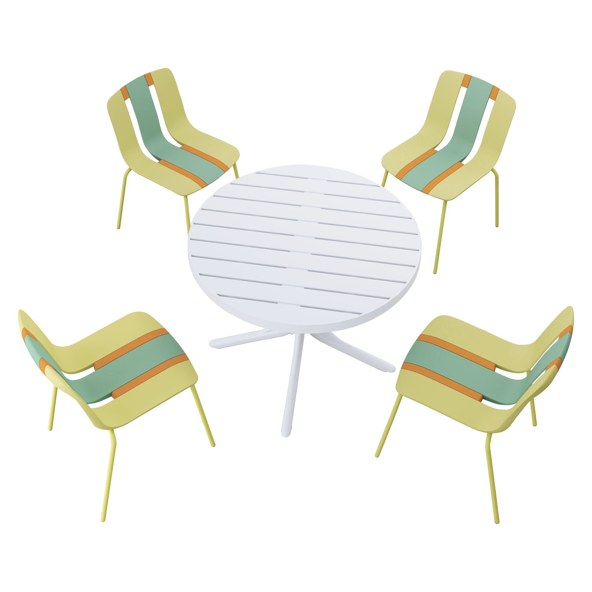 4 Piece Set Of Color Block Designed Single Chairs With Round Table - Grain Yellow / Haze Green / Tropical Orange / White