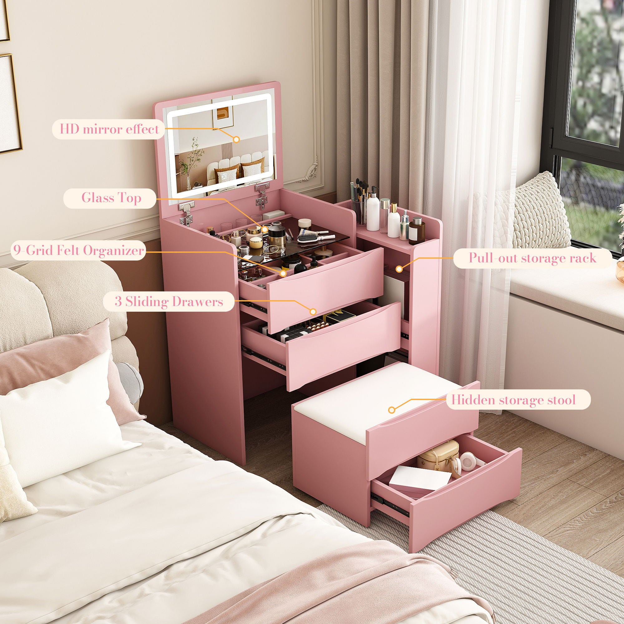 Flip Mirror Vanity Desk With Adjustable LED Lights & Stool For Bedroom