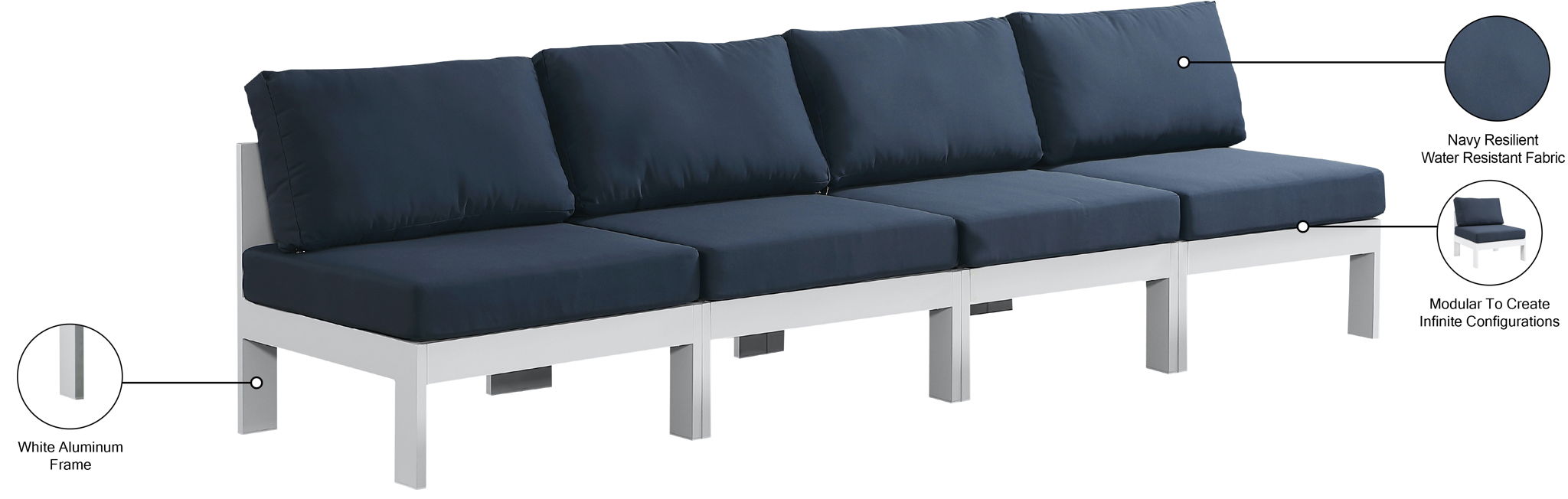 Nizuc - Outdoor Patio 4 Seat Armless Modular Sofa With White Frame