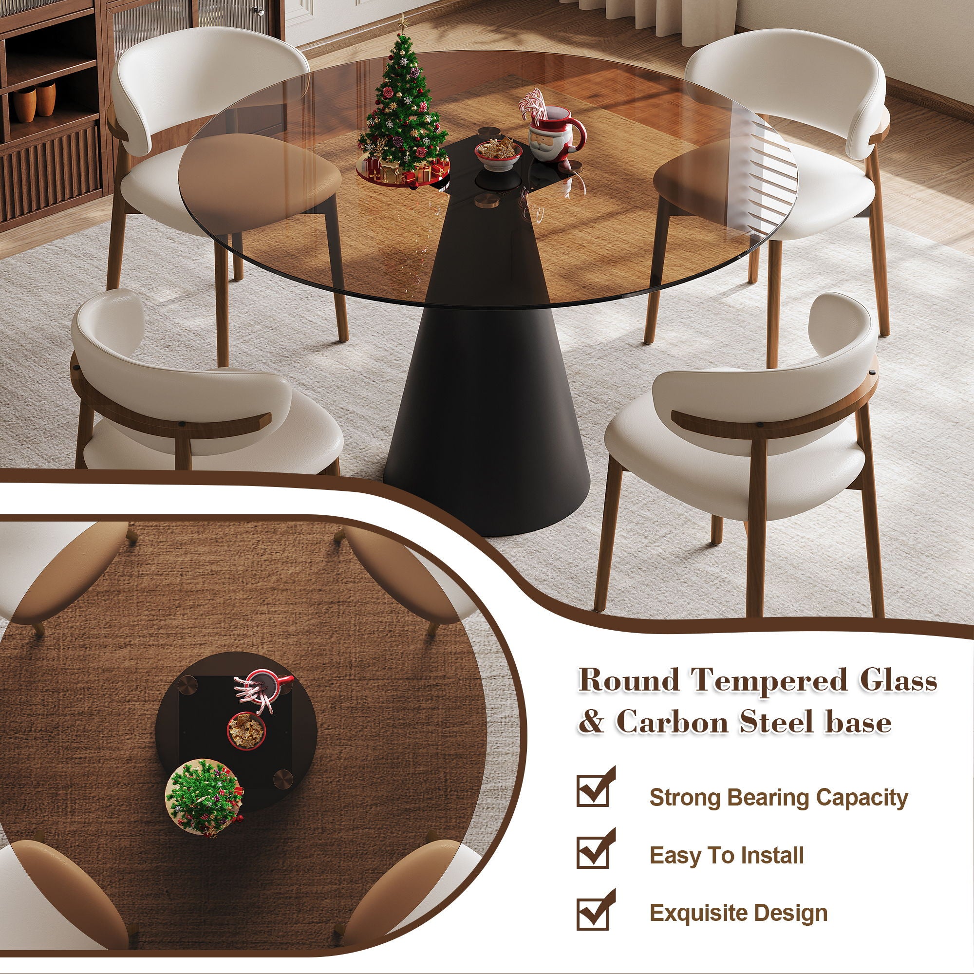 Round Dining Table - Black / Brown - Tempered Glass