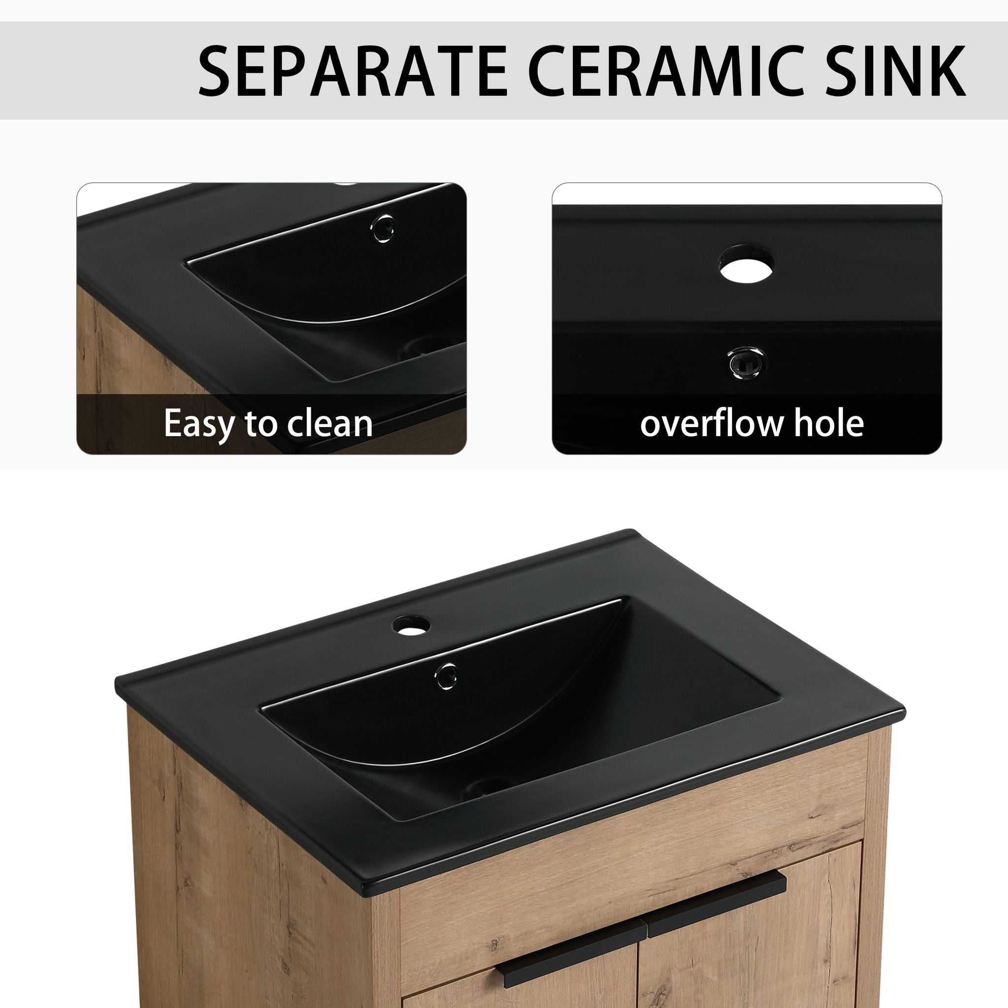 48" Freestanding Bathroom Vanity With Sink And 2 Storage Cabinets, Soft Closing Door - Glossy White / Imitative Oak