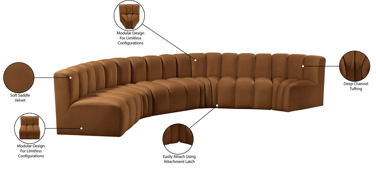 Arc - Velvet 6 Piece U-Shaped Modular Sofa - Saddle