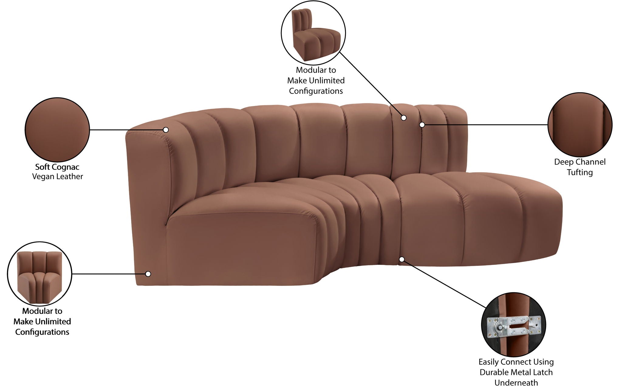 Arc - Faux Leather 3 Piece Modular L-Shaped Sofa