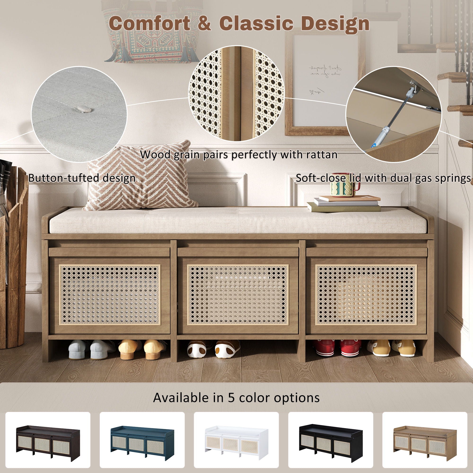Entryway Shoe Bench With Drawers & Button Tufted Cushion