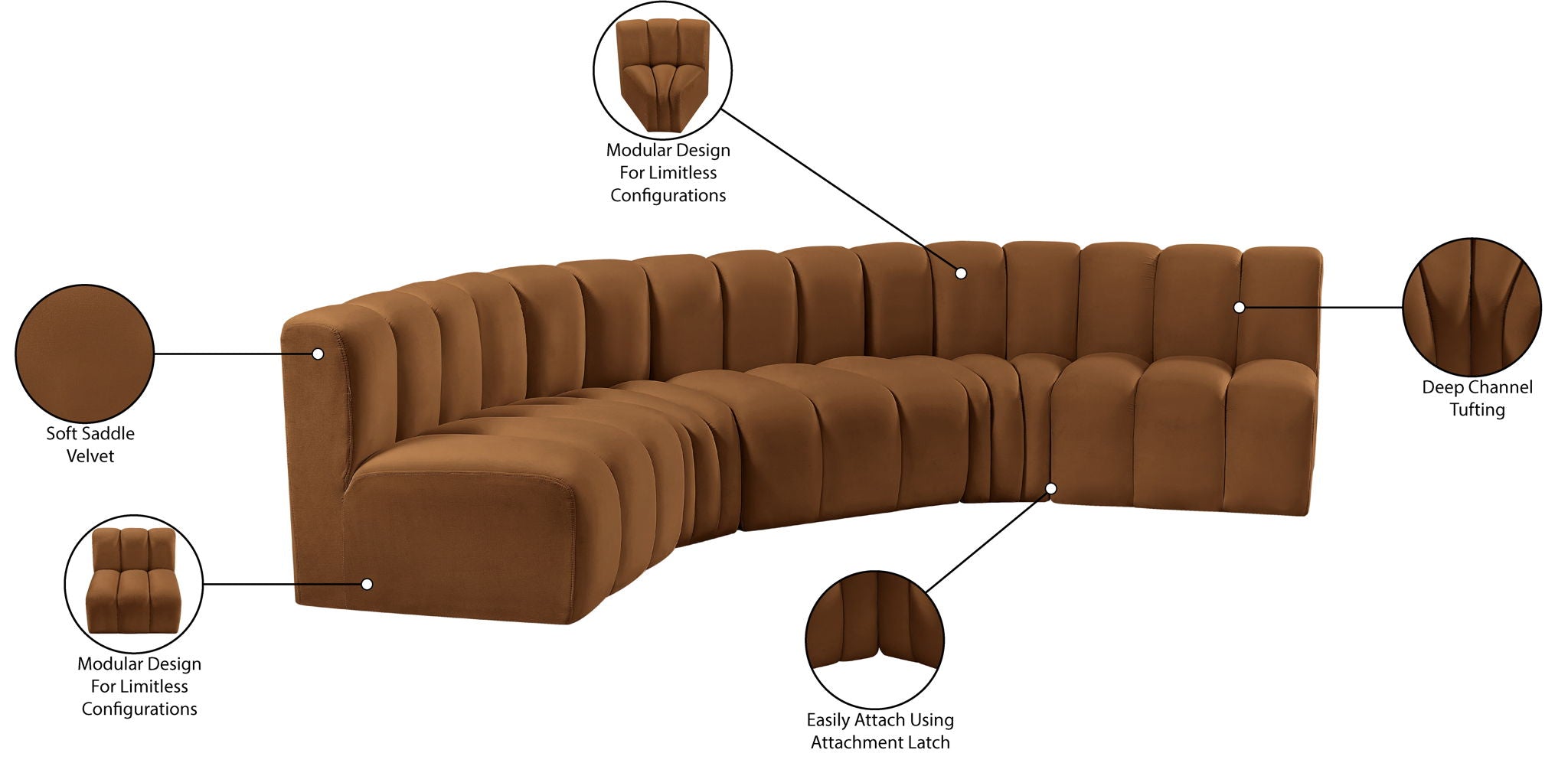 Arc - Velvet 5 Piece U-Shaped Modular Sofa - Saddle