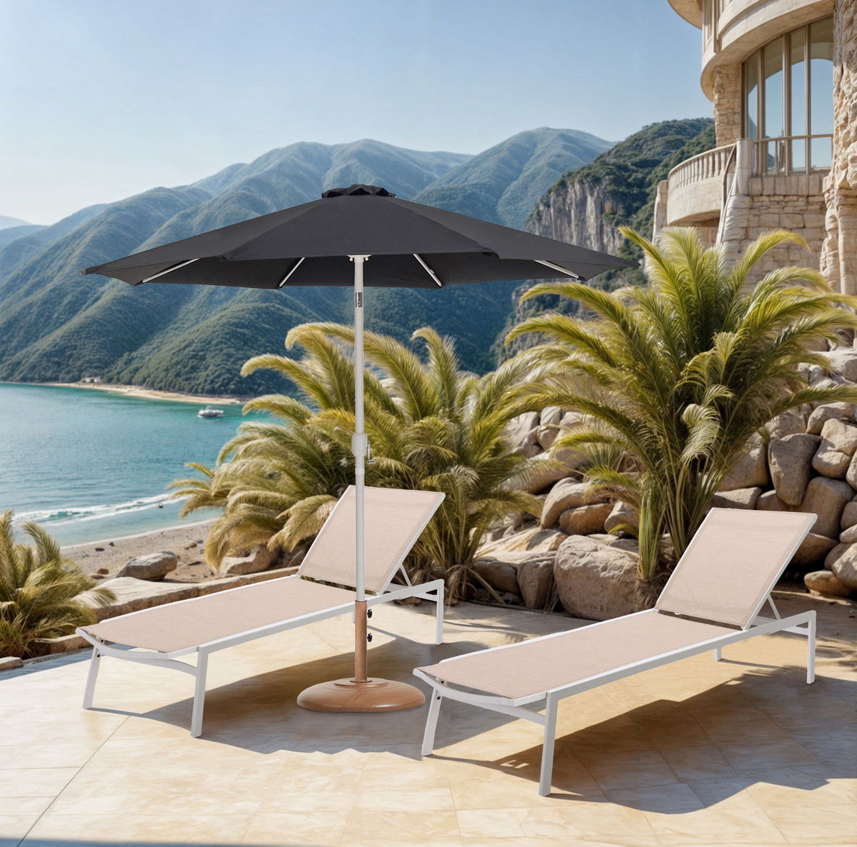 Fiji - Aluminum Patio Umbrella With Round Teak And White Base