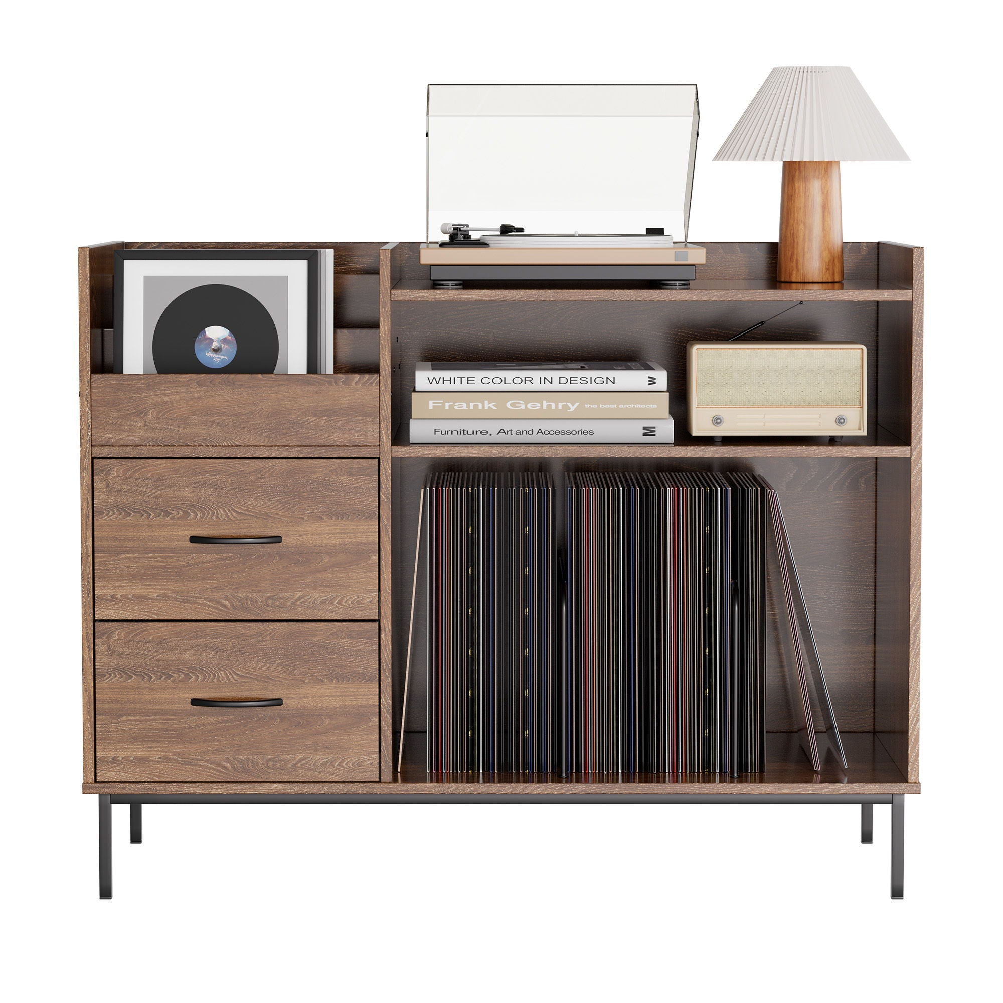 Grain Record Player Stand, Media Console With Speaker Shelf & 2 Drawers