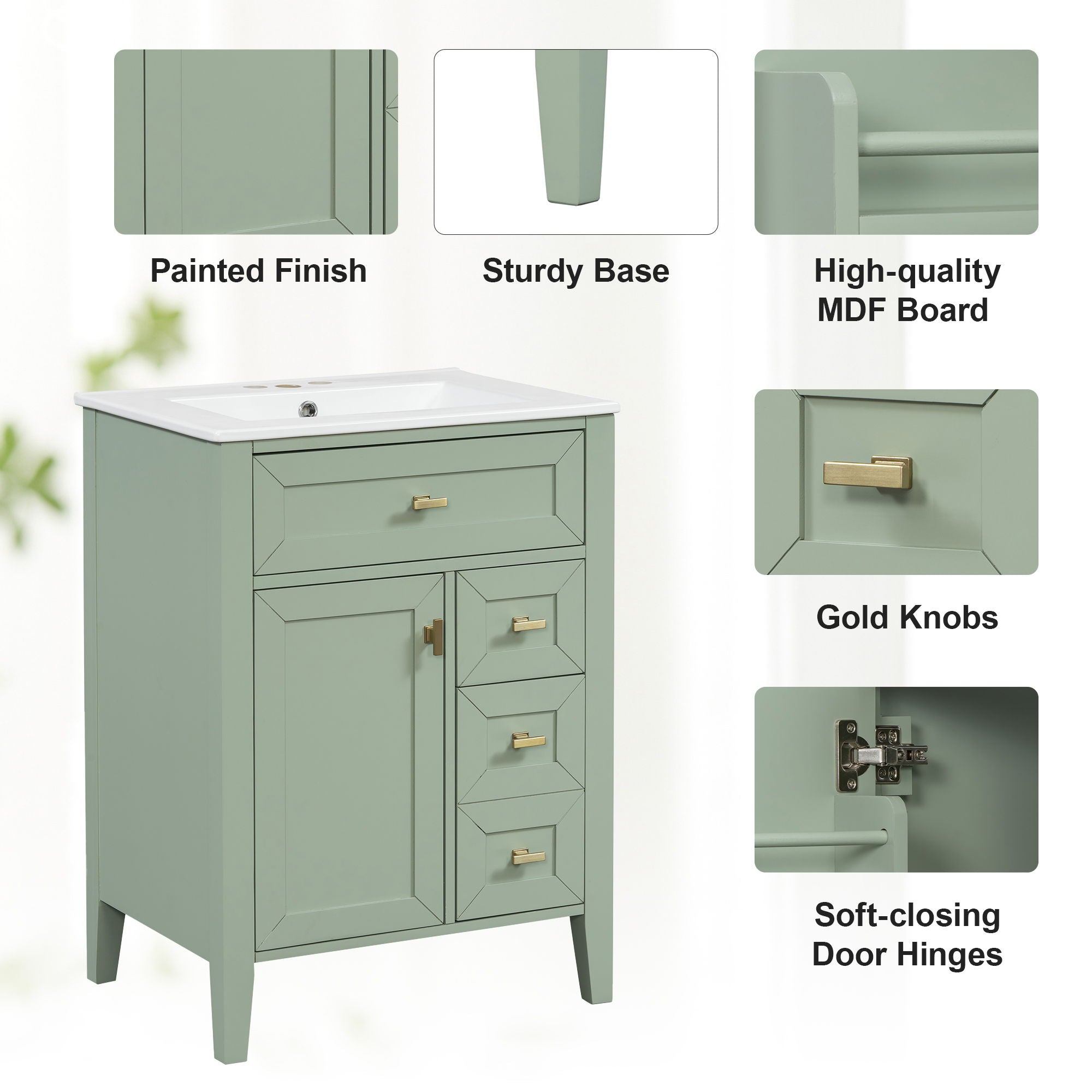 Bathroom Vanity With Sink, 3 Drawers & Cabinet With 2 Tier Door Storage Rack, Soft Close Doors & Drawers