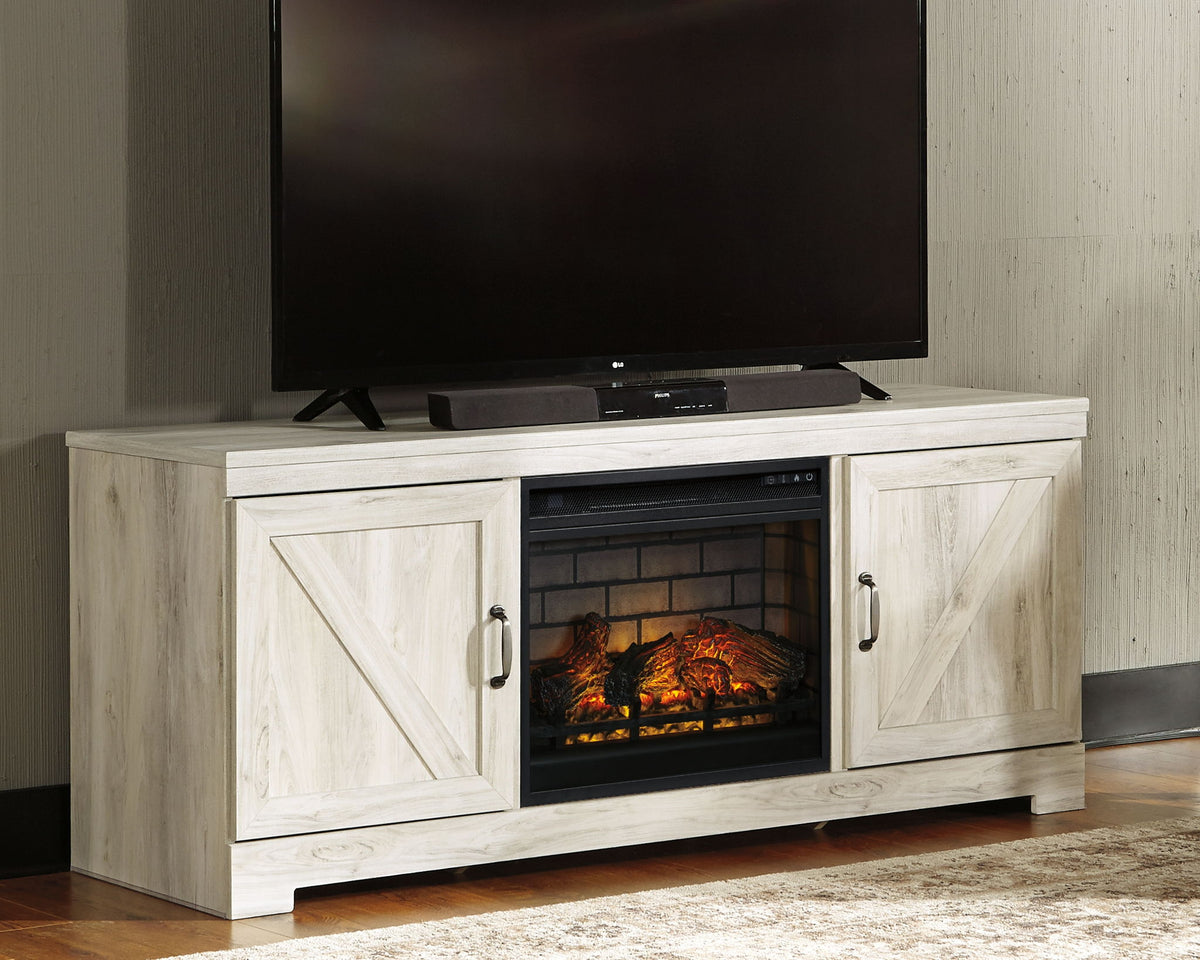 Bellaby - 63" TV Stand With Faux Firebrick Fireplace Insert - Whitewash