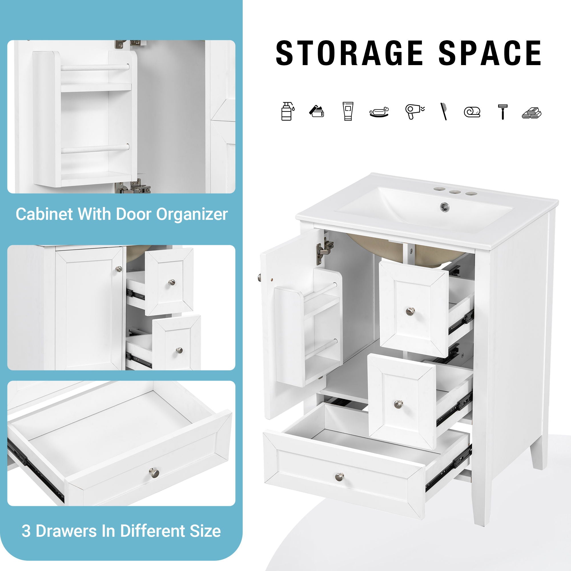 Modern Bathroom Vanity With Sink, Freestanding Cabinet With Drawers And Shelves