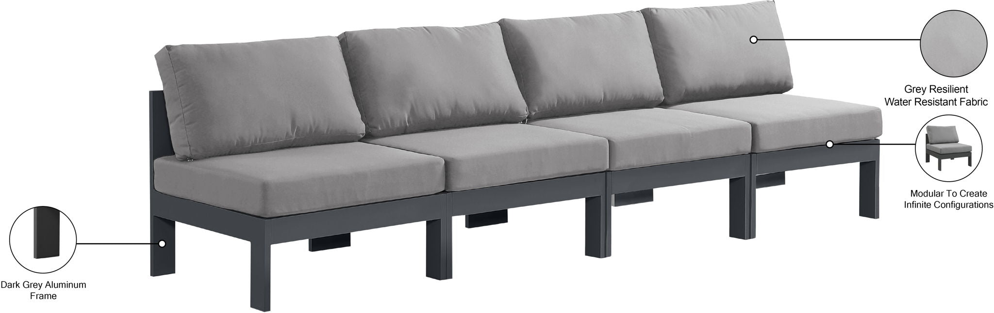 Nizuc - Outdoor Patio 4 Seat Armless Modular Sofa With Gray Frame