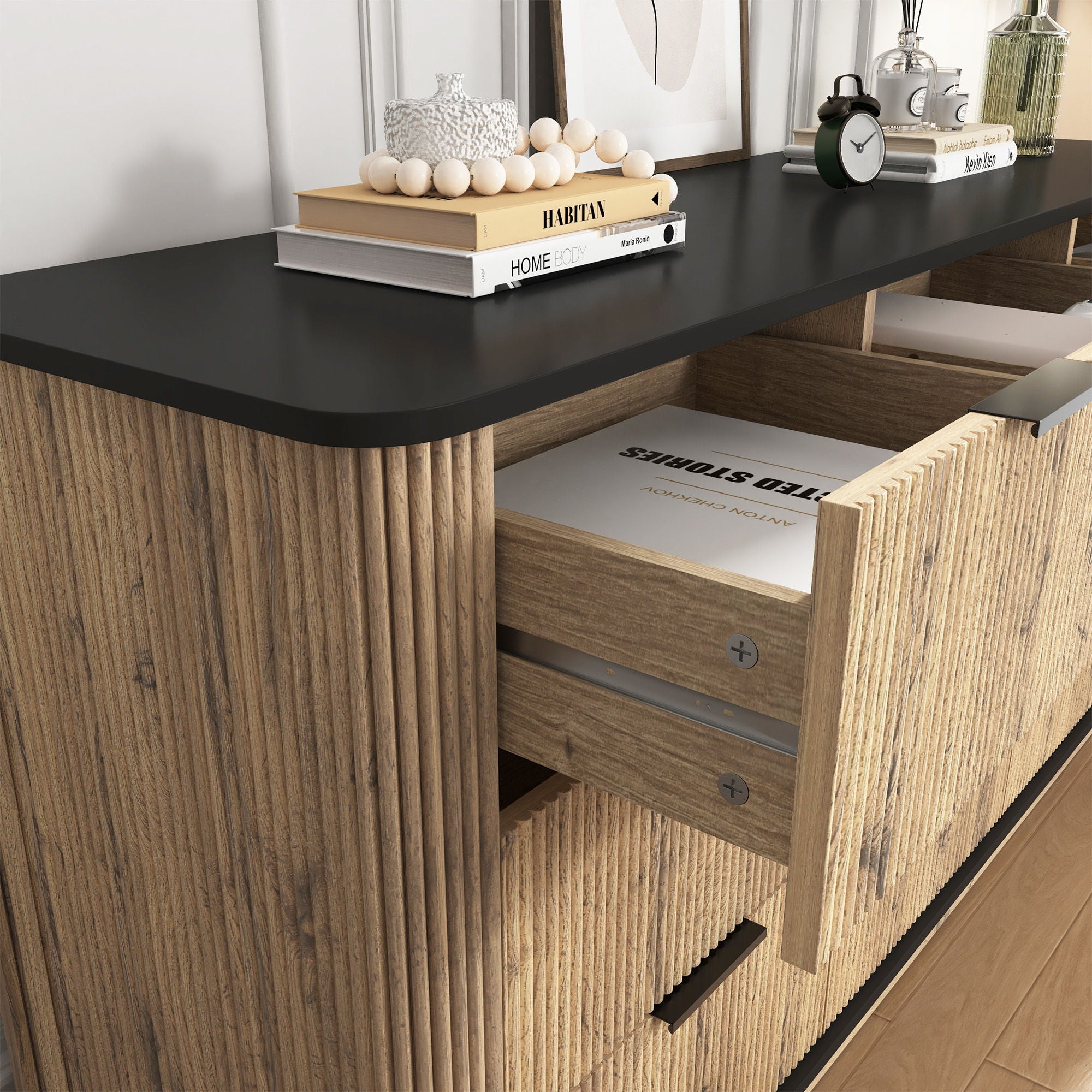 Modern 9 Drawer Cabinet With Metal Rounded Corners Multi Functional Storage - Black