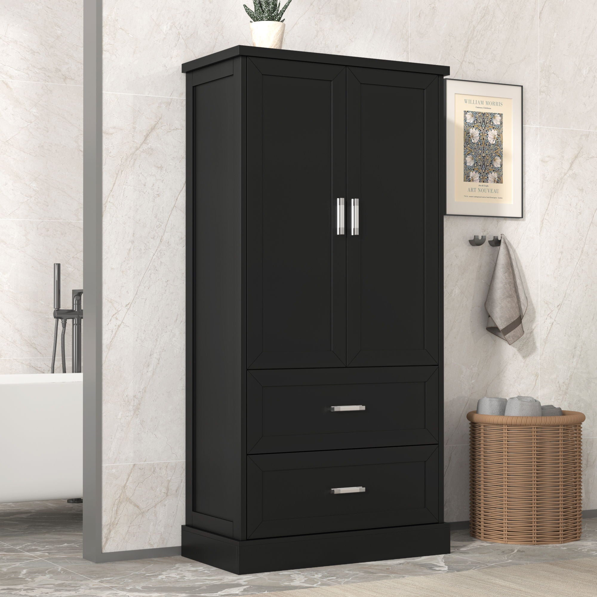 Tall Bathroom Storage Cabinet With 2 Doors And Drawers, Adjustable Shelf