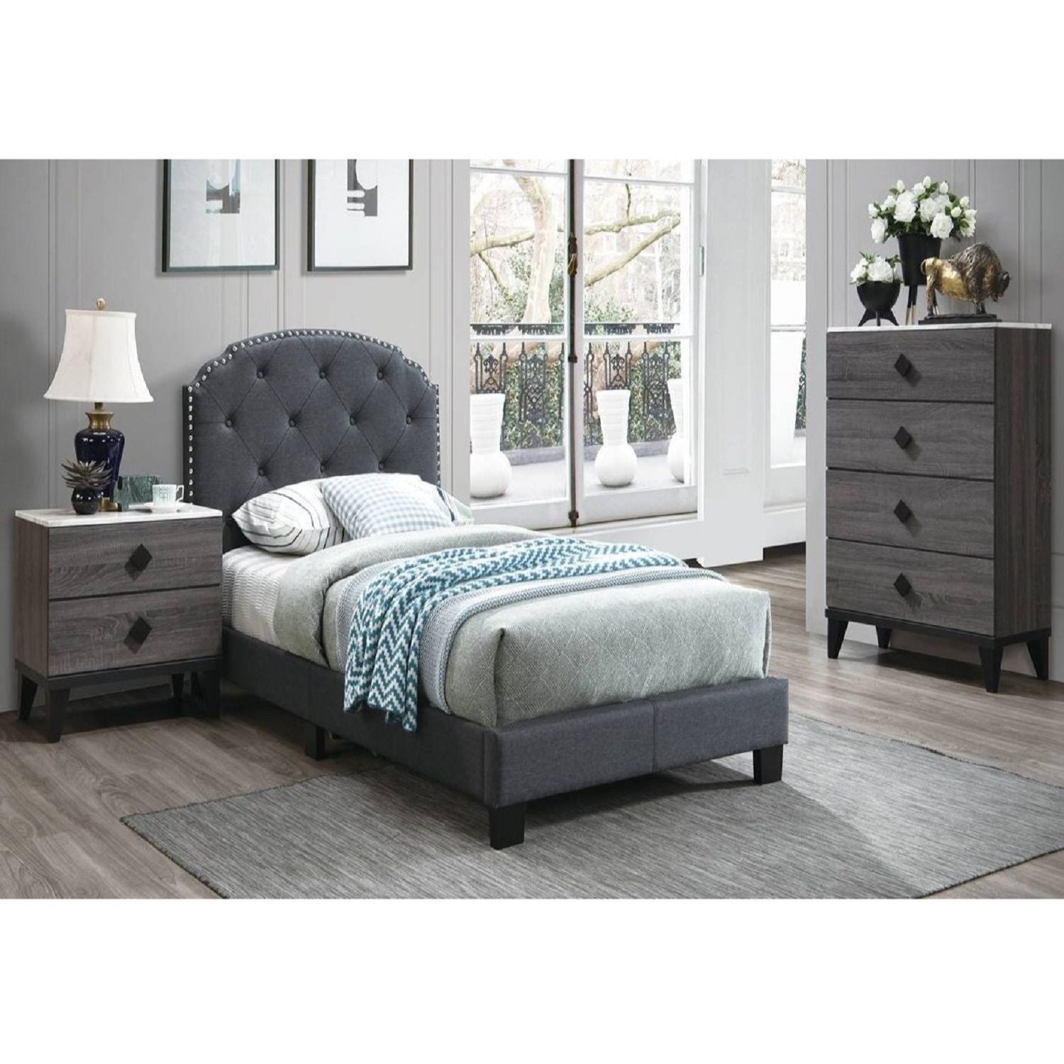 Button Tufted Bed With Nailhead Trim