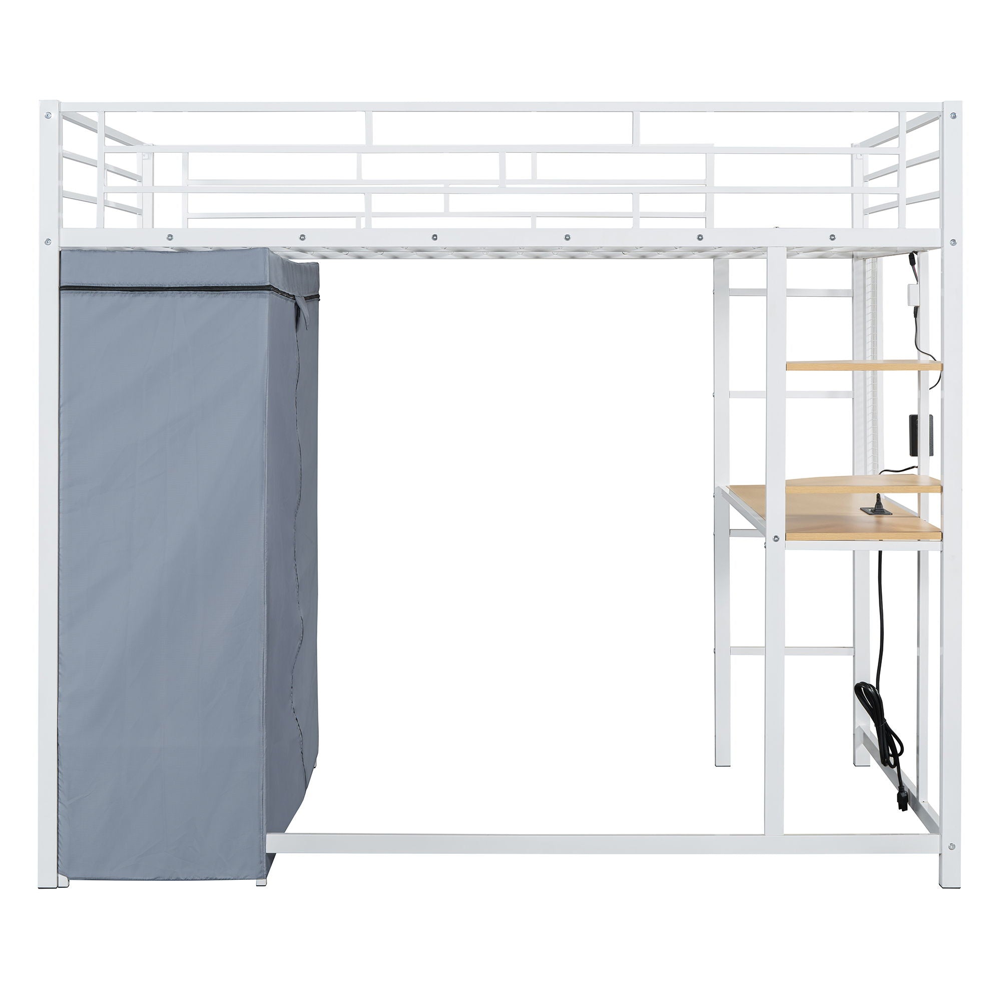 Full Size Loft Bed With Desk, Shelves, Power Outlet, LED Light And Wardrobe - White