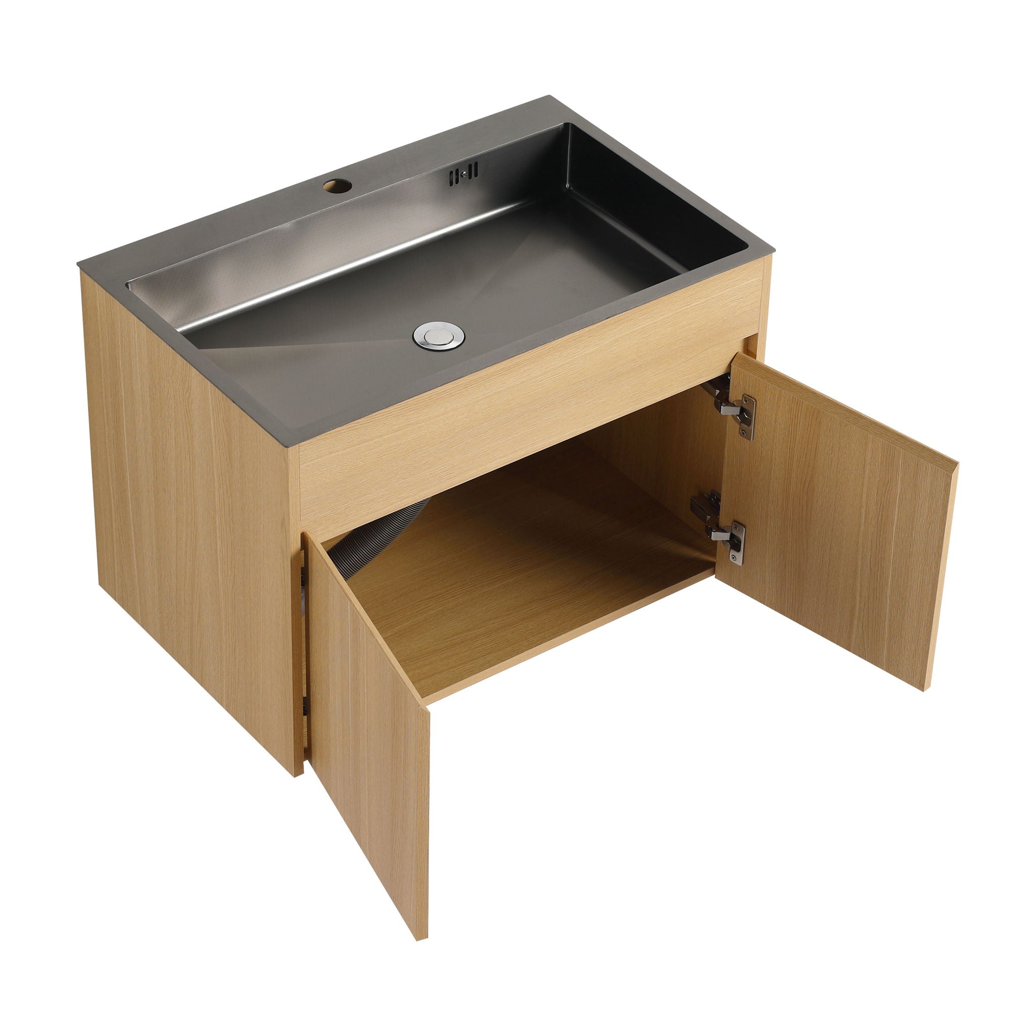 28" Wall Mounted Bathroom Vanity With Stainless Steel Sink, Soft Close Doors - Oak