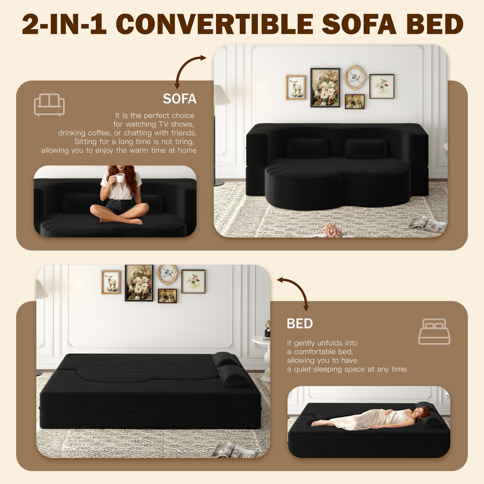 Modern Floor Sofa With 2 Pillows, Convertible Twin Size Folding Mattress For Living Room