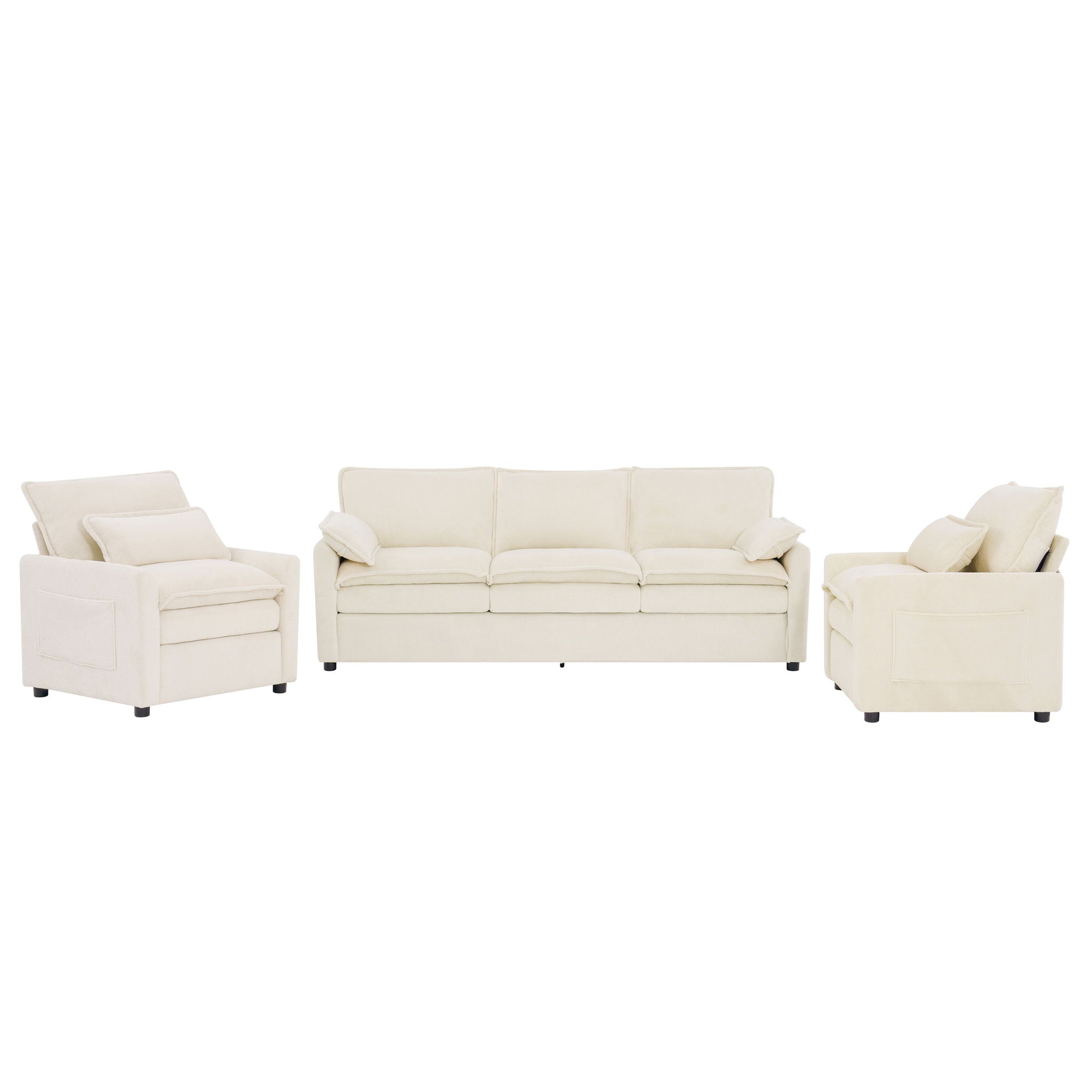 Modern Sofa Set With Double Layer Cushion And Side Storage Pockets