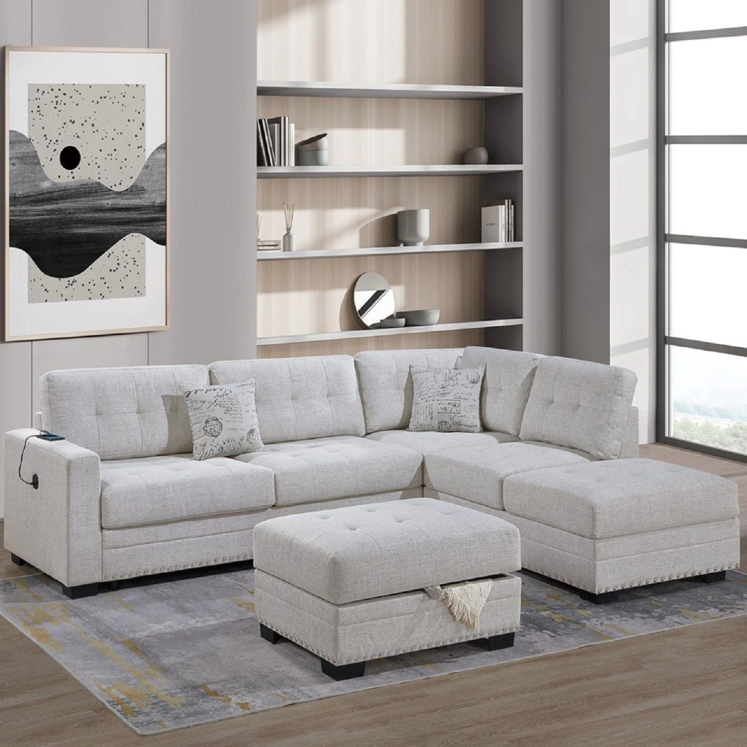 L - Shaped Sectional Sofa Set With Storage Ottoman, Tufted Upholstery Nailhead Trim