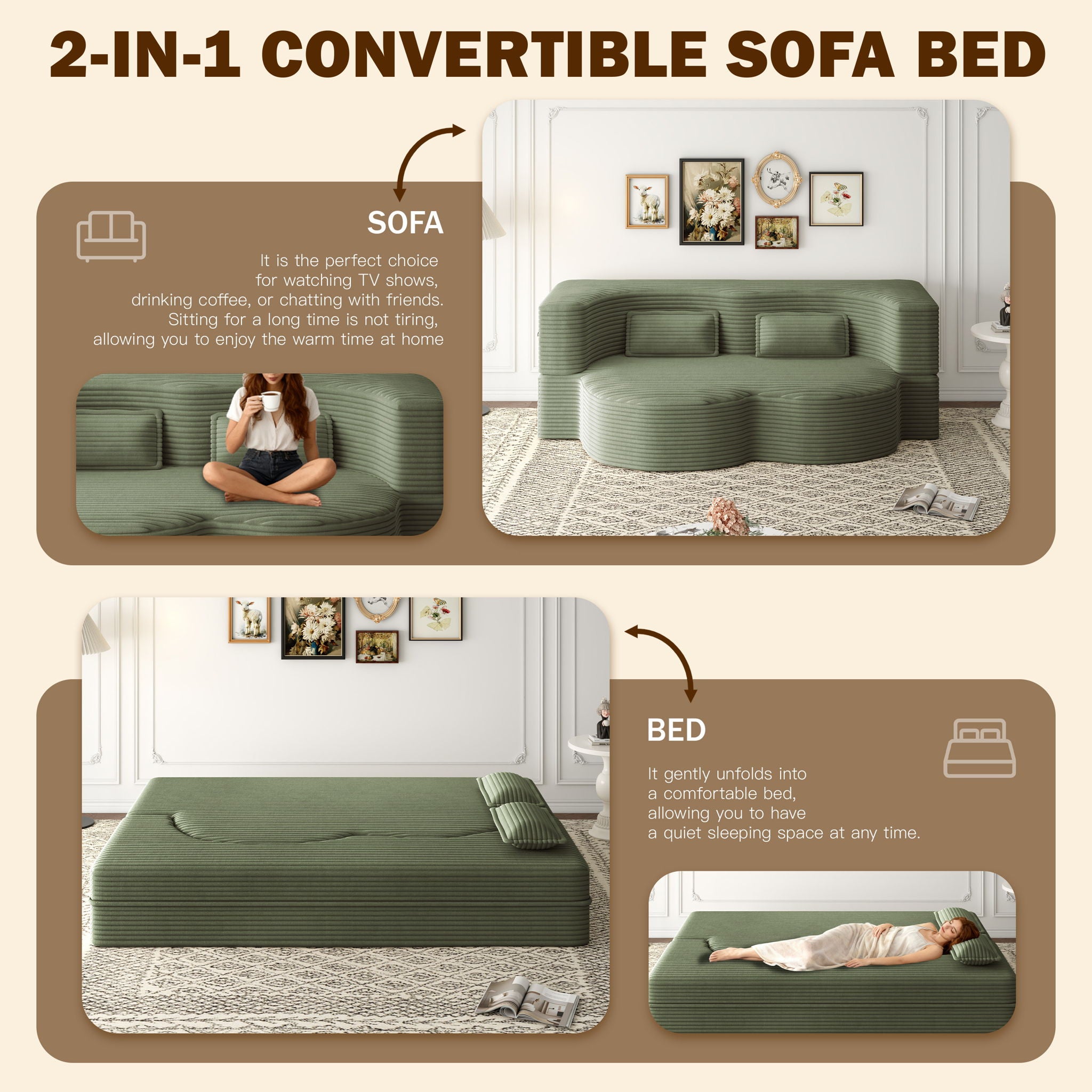Modern Floor Sofa With 2 Pillows, Convertible Twin Size Folding Mattress For Living Room