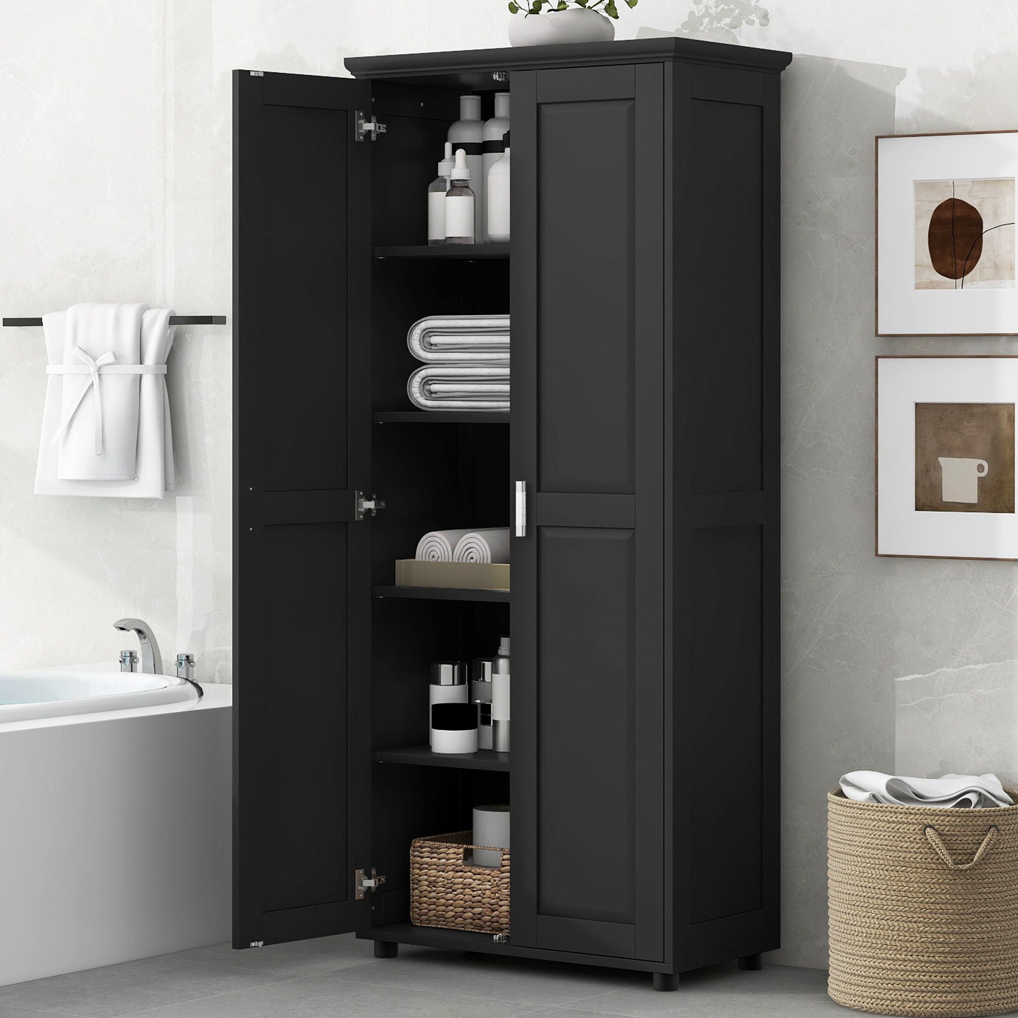 Storage Cabinet With Adjustable Shelves, 2 Doors, Rectangle Design For Bathroom