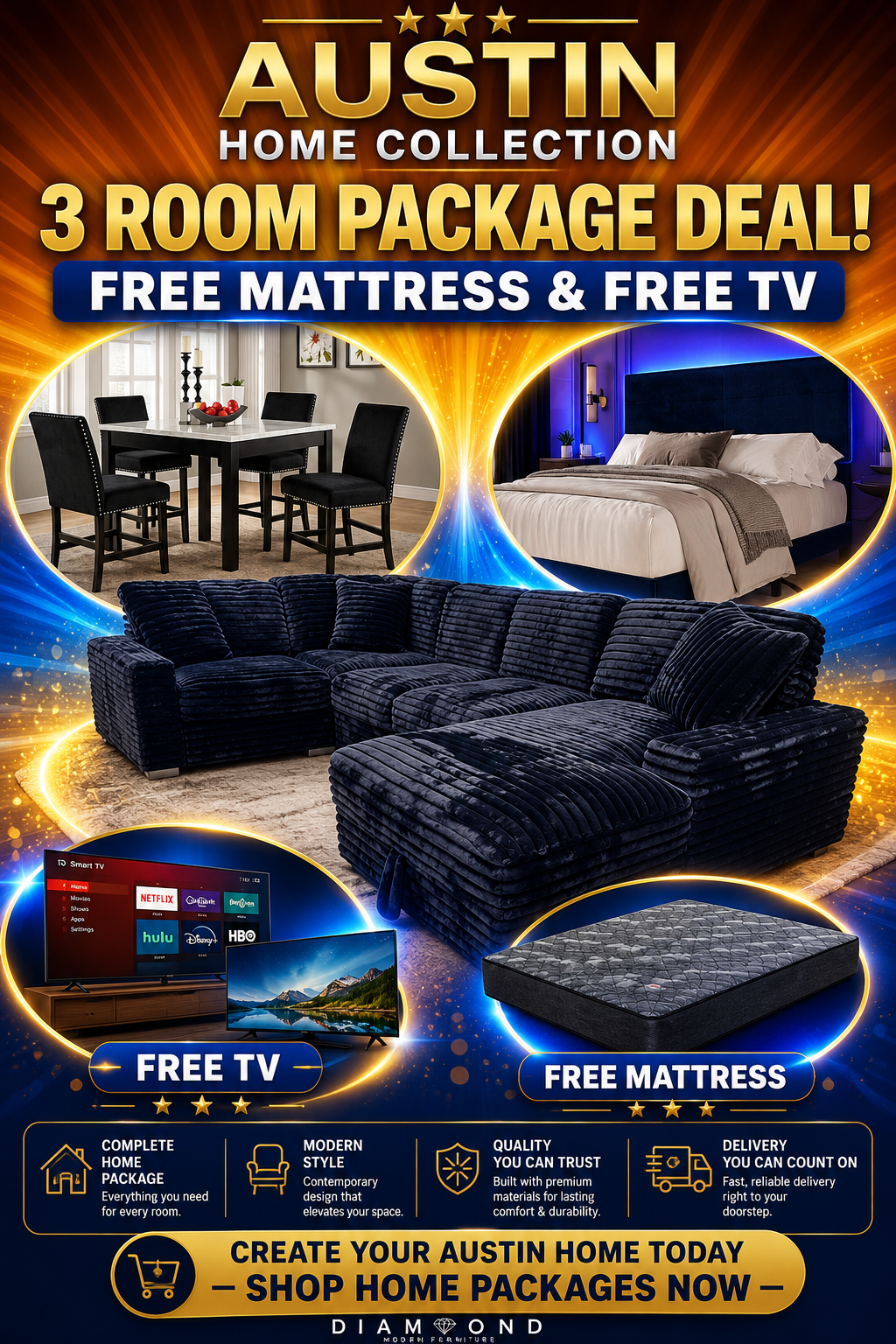 Austin Corduroy Bundle Sectional Sofa 5PCS DINING BED FREE TV FREE MATTRESS