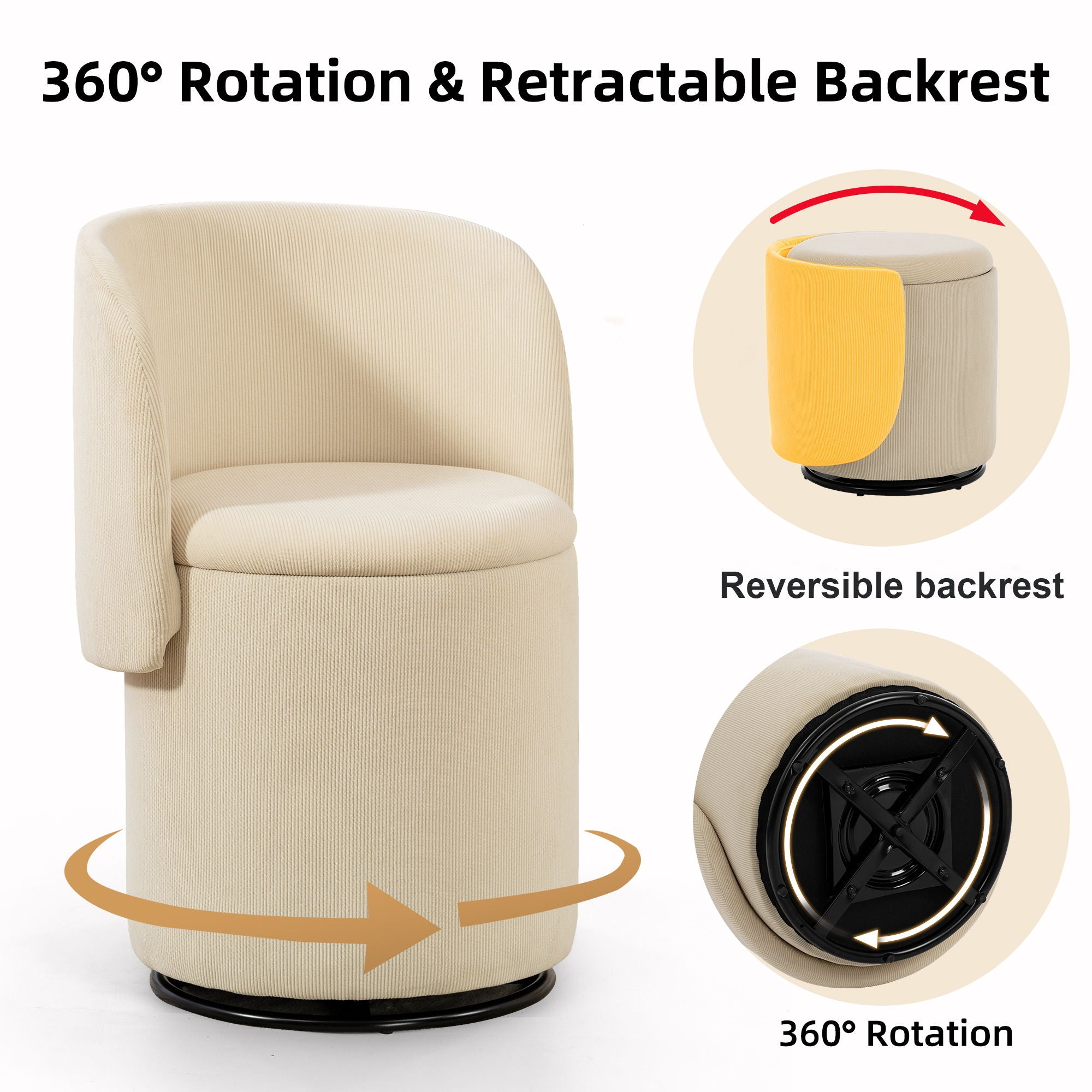Barrel Chair, Built In Storage, 360° Swivel - Beige