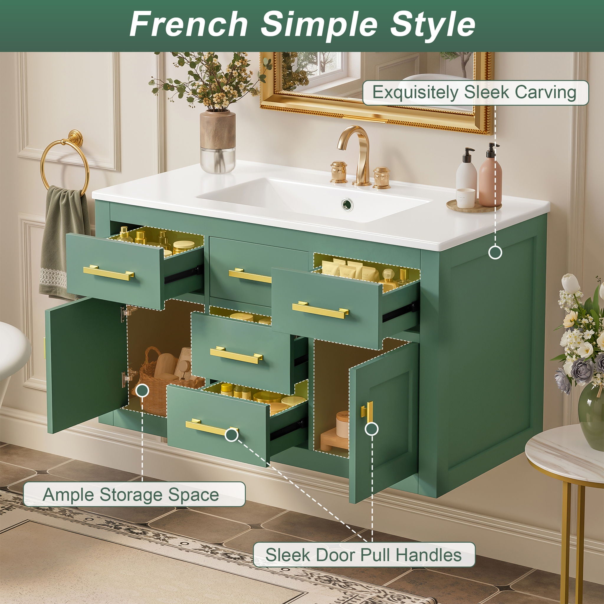 Wall Mounted Bathroom Cabinet With Sink, Multiple Drawers And Doors - Green