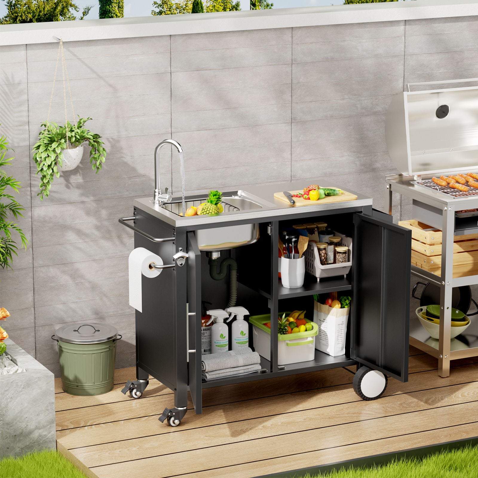 Outdoor Grill Table With Sink, Grill Cart With Sink And Cabinet With Wheels - Black / Silver