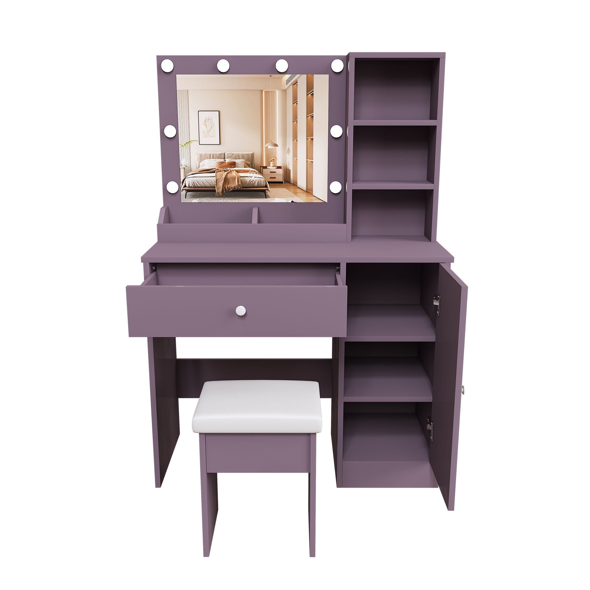 Vanity Desk Set With Padded Stool And Adjustable LED Mirror, 3 Color Light Modes - Purple