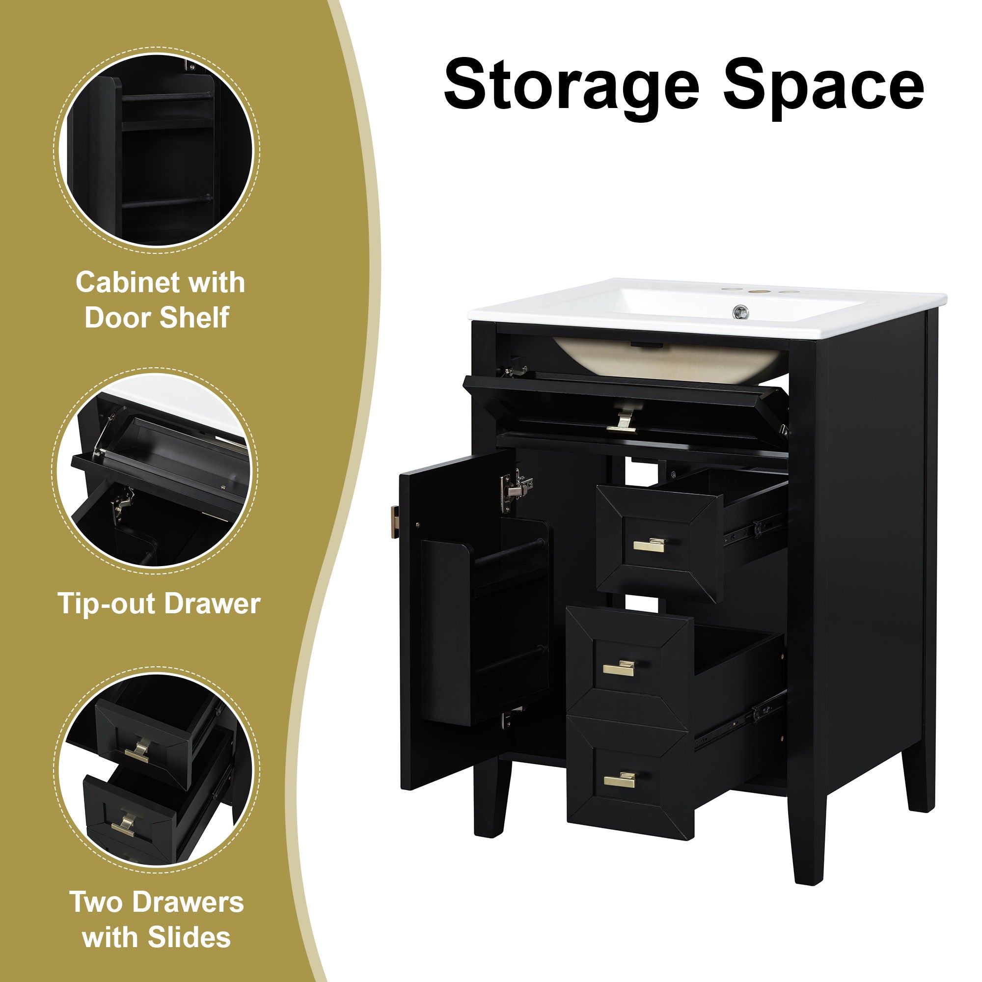 Bathroom Vanity With Sink, 3 Drawers & Cabinet With 2 Tier Door Storage Rack, Soft Close Doors & Drawers