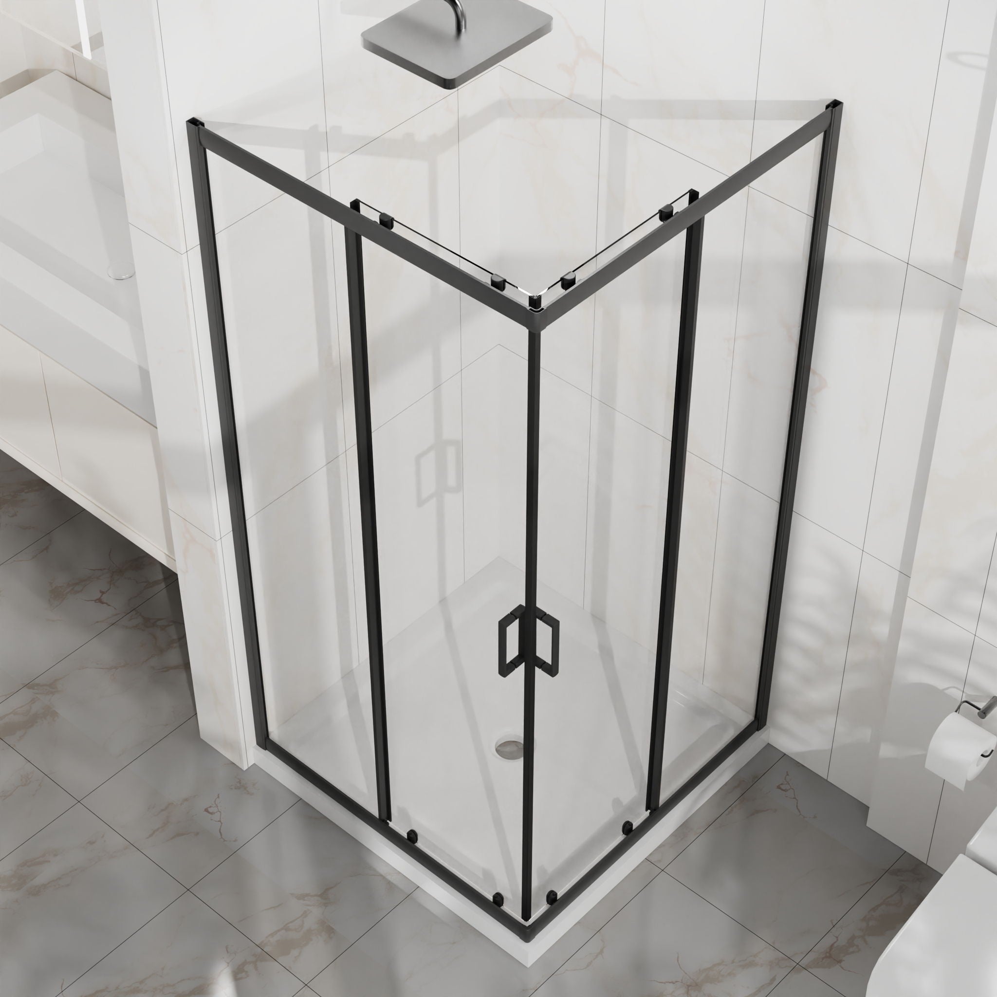 Corner Shower Enclosure, Double Sliding Door & Shower Base - Matte Black